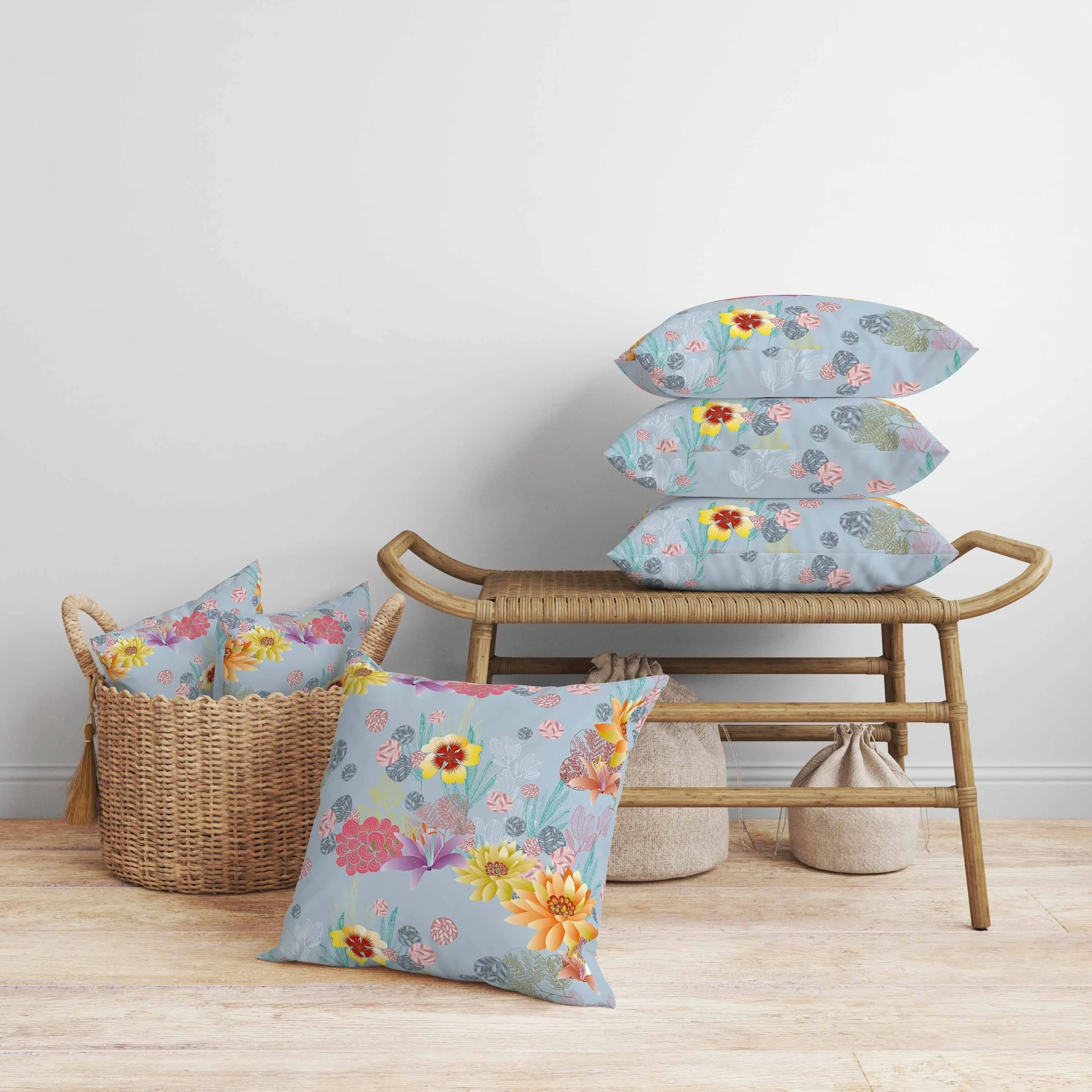 Colorful Flora Faux Suede Reversible Throw Pillow Blue and Multi