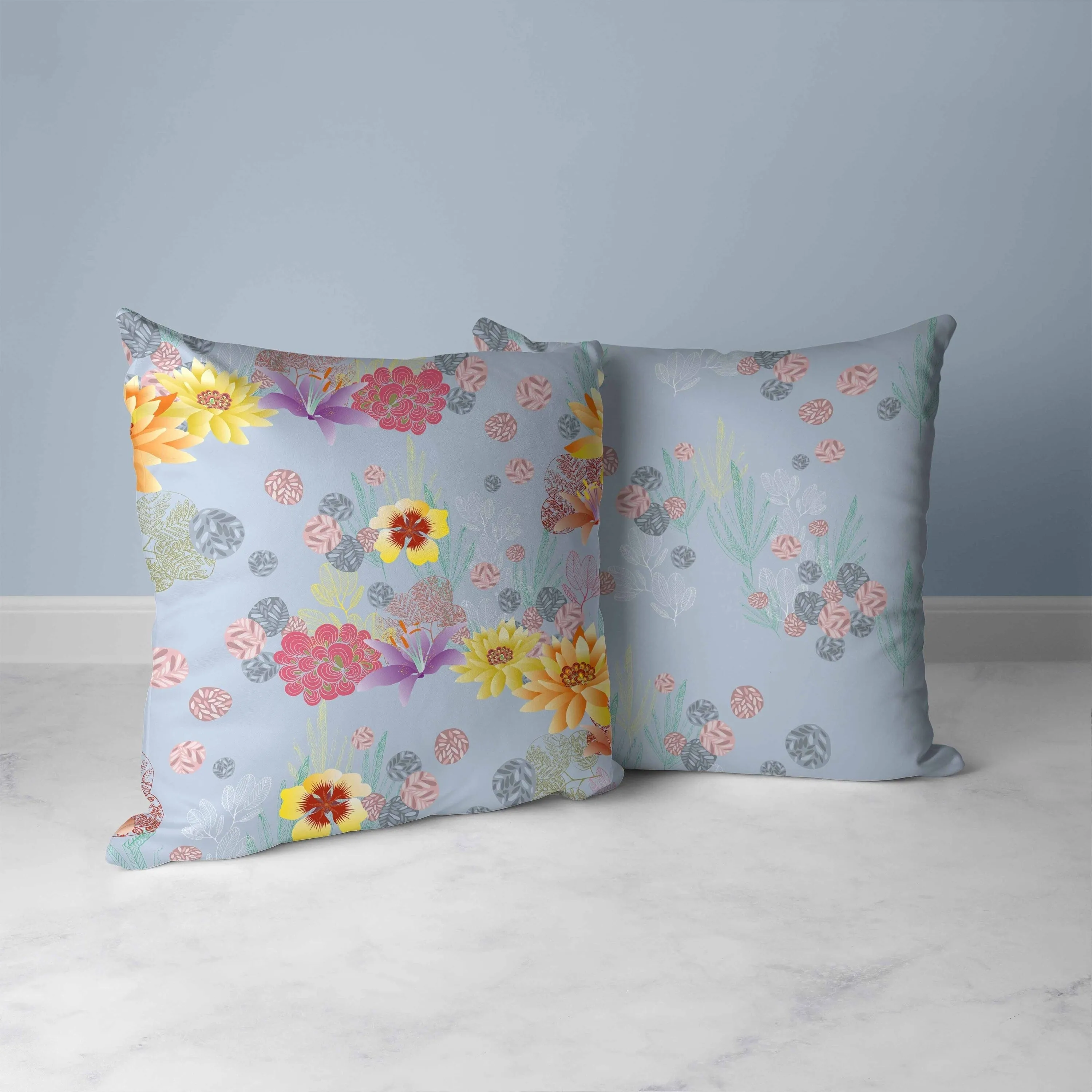 Colorful Flora Faux Suede Reversible Throw Pillow Blue and Multi