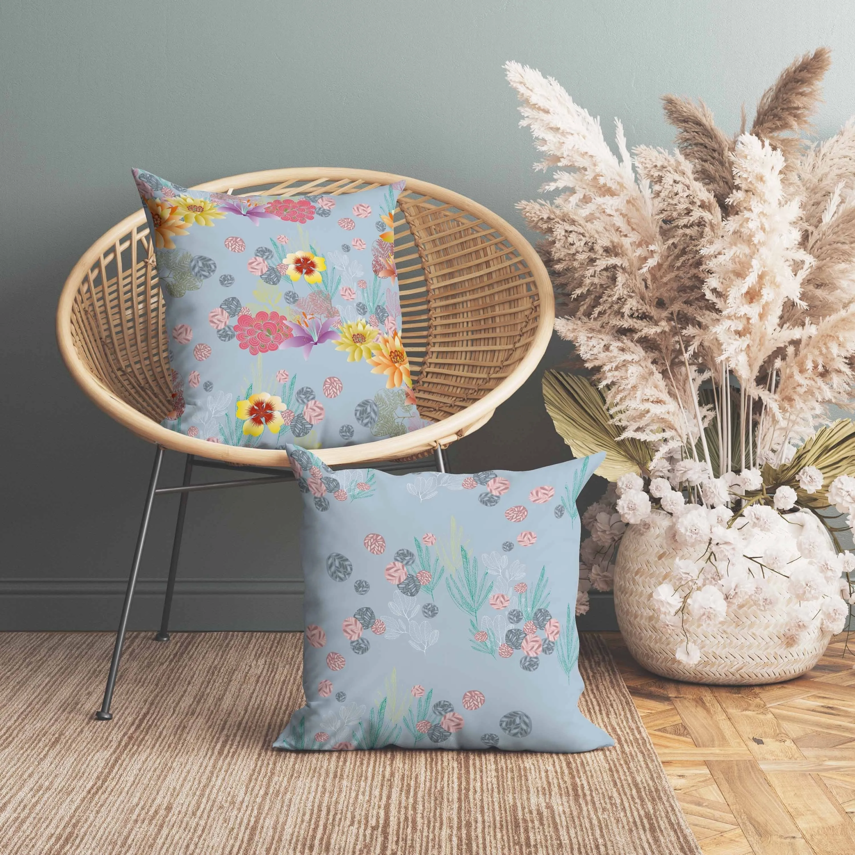 Colorful Flora Faux Suede Reversible Throw Pillow Blue and Multi