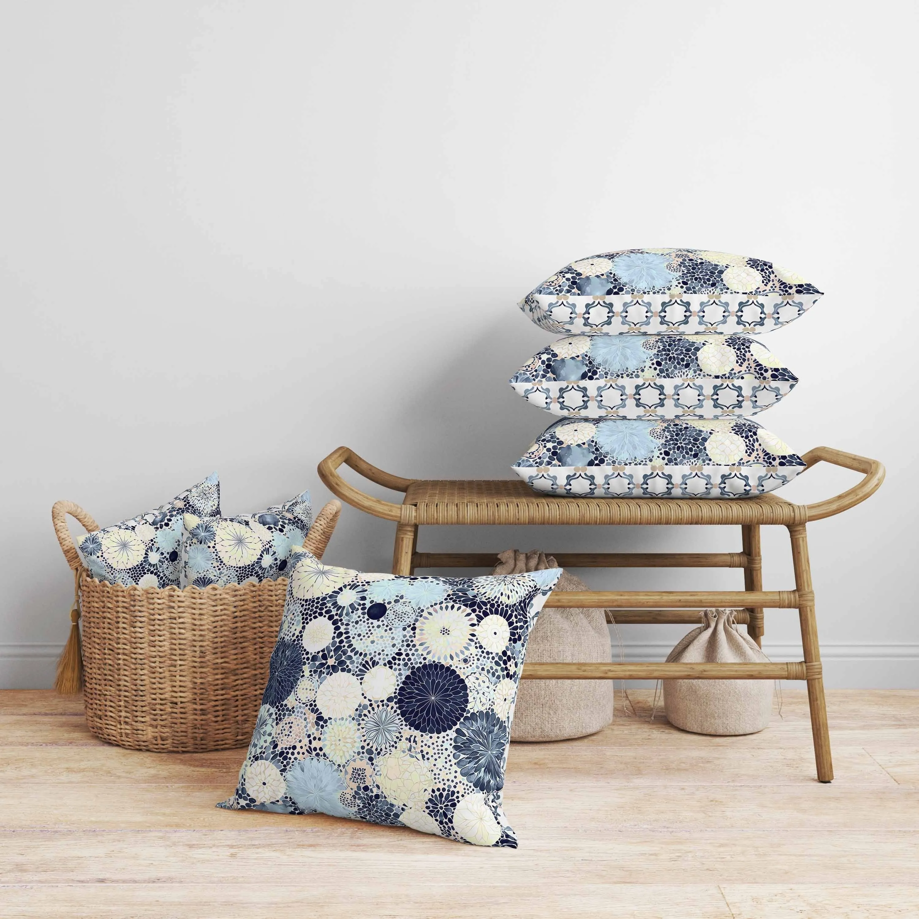 Crystal Drift Faux Suede Reversible Throw Pillow Blue and Cream
