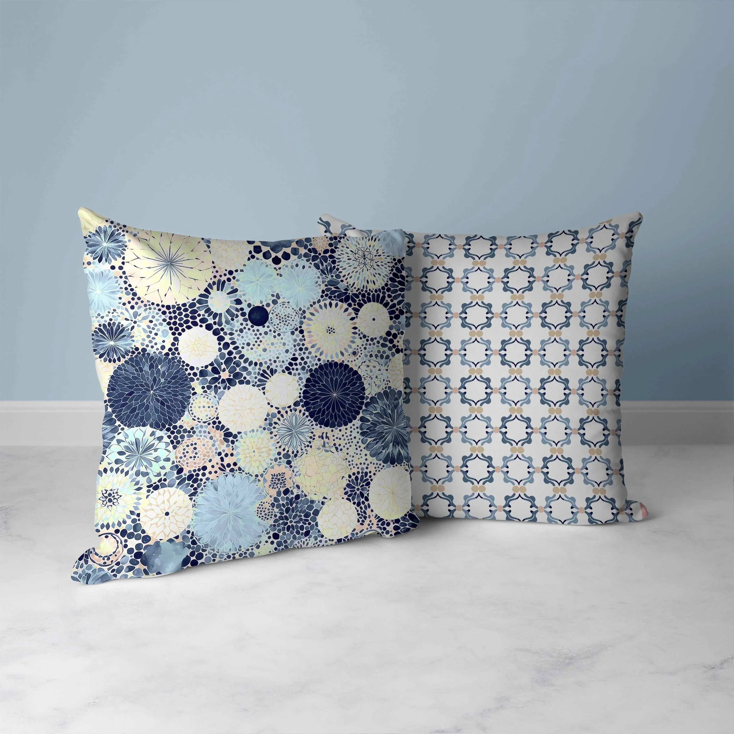 Crystal Drift Faux Suede Reversible Throw Pillow Blue and Cream