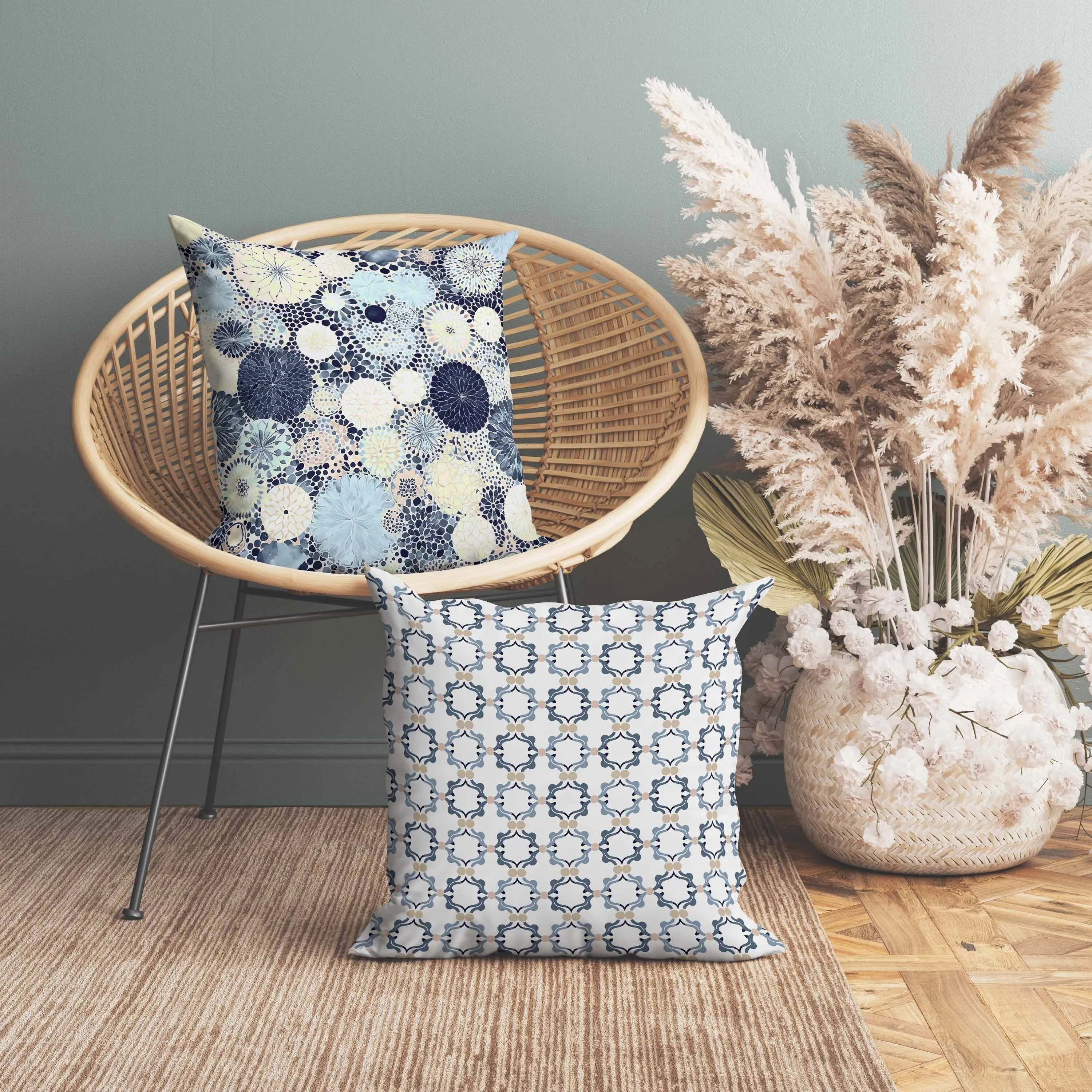 Crystal Drift Faux Suede Reversible Throw Pillow Blue and Cream