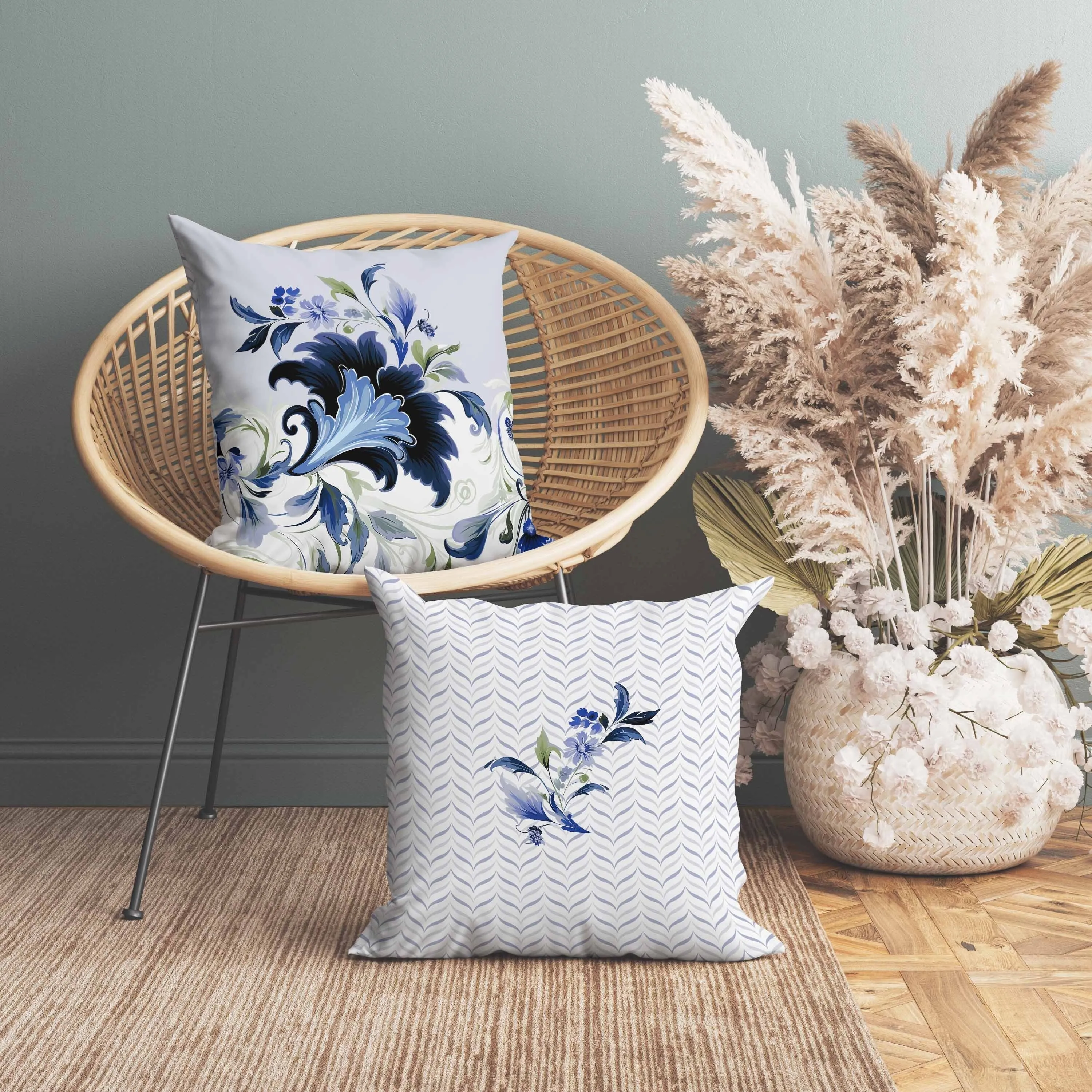 Damask Hue Faux Suede Reversible Throw Pillow Blue and Green