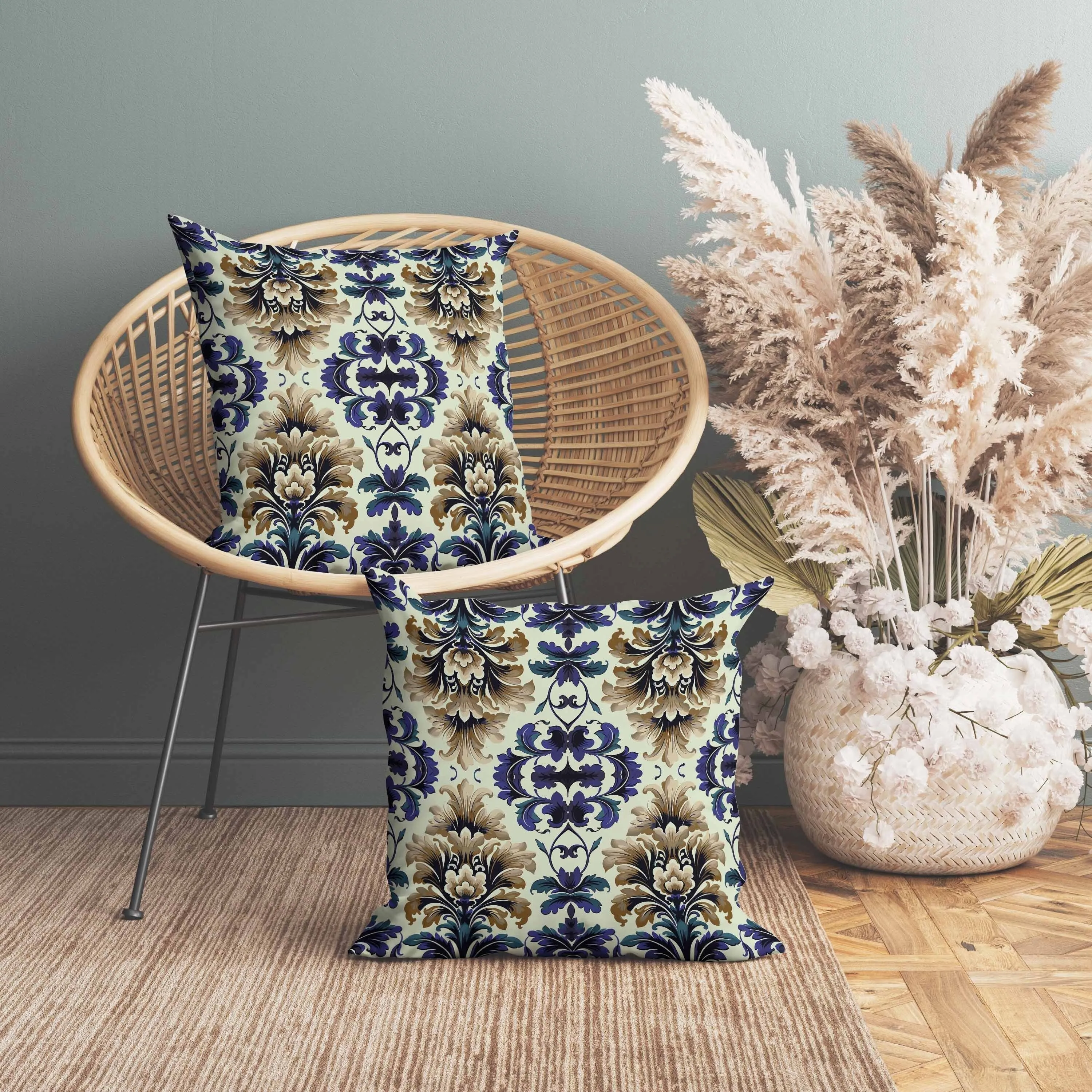 Damask Rapture Faux Suede Reversible Throw Pillow Blue and Beige