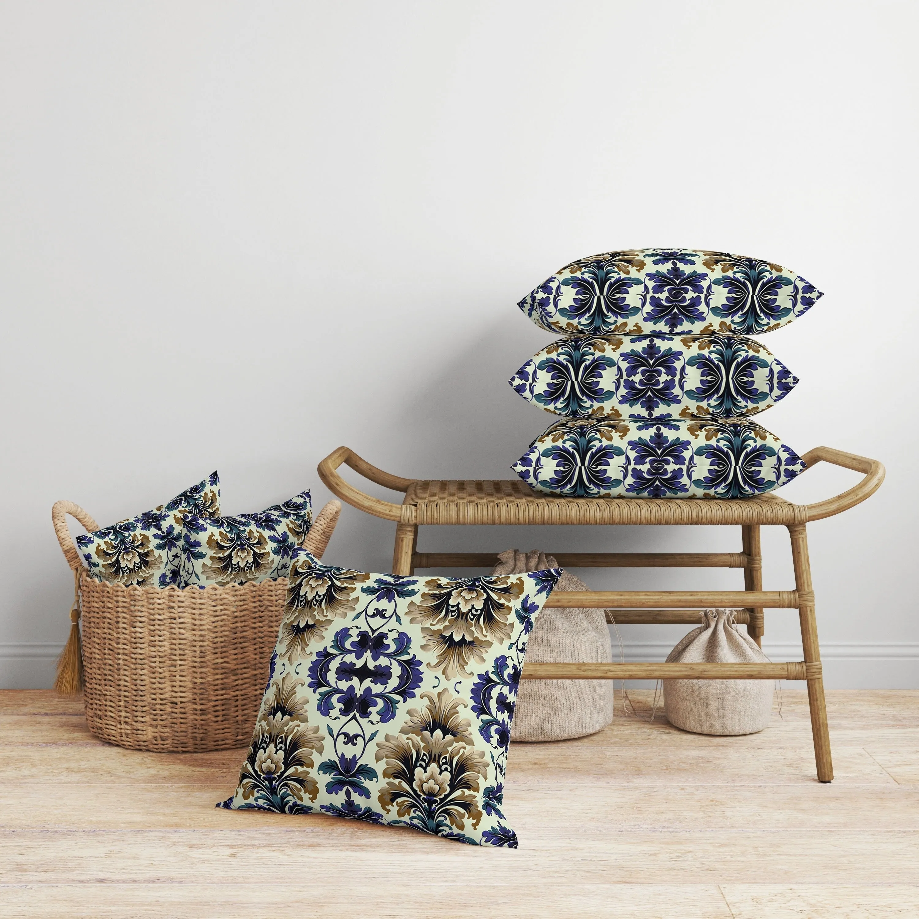 Damask Rapture Faux Suede Reversible Throw Pillow Blue and Beige