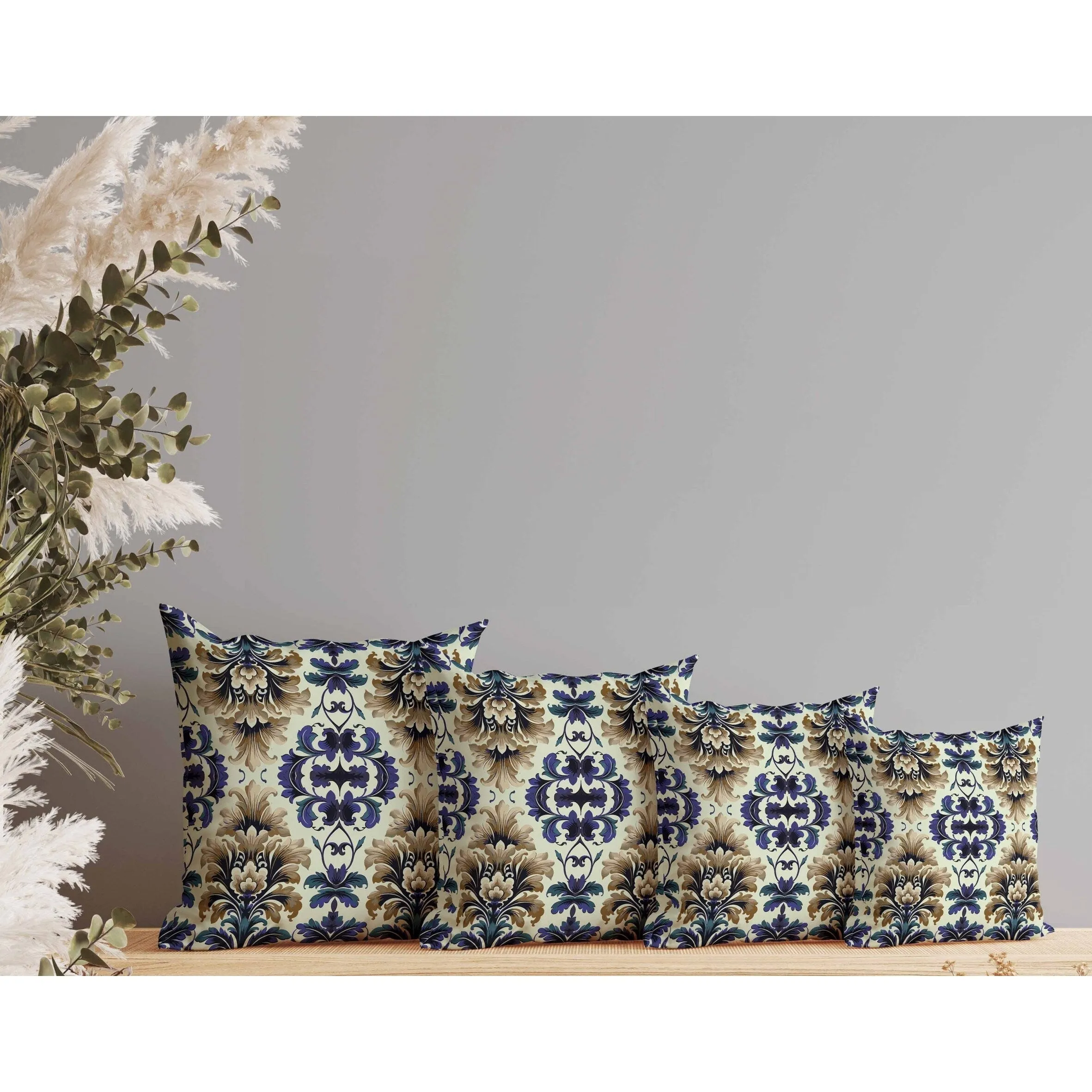 Damask Rapture Faux Suede Reversible Throw Pillow Blue and Beige