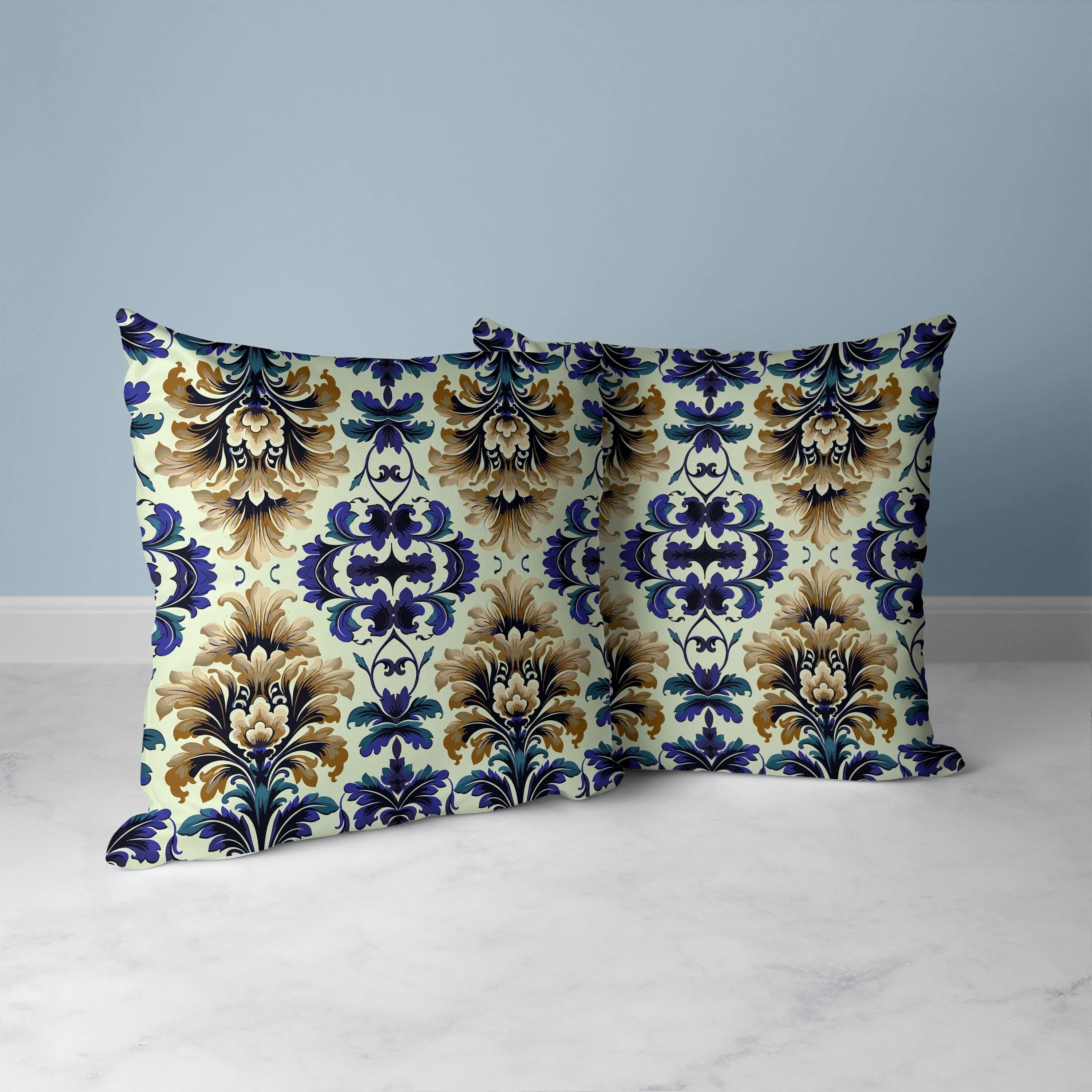 Damask Rapture Faux Suede Reversible Throw Pillow Blue and Beige