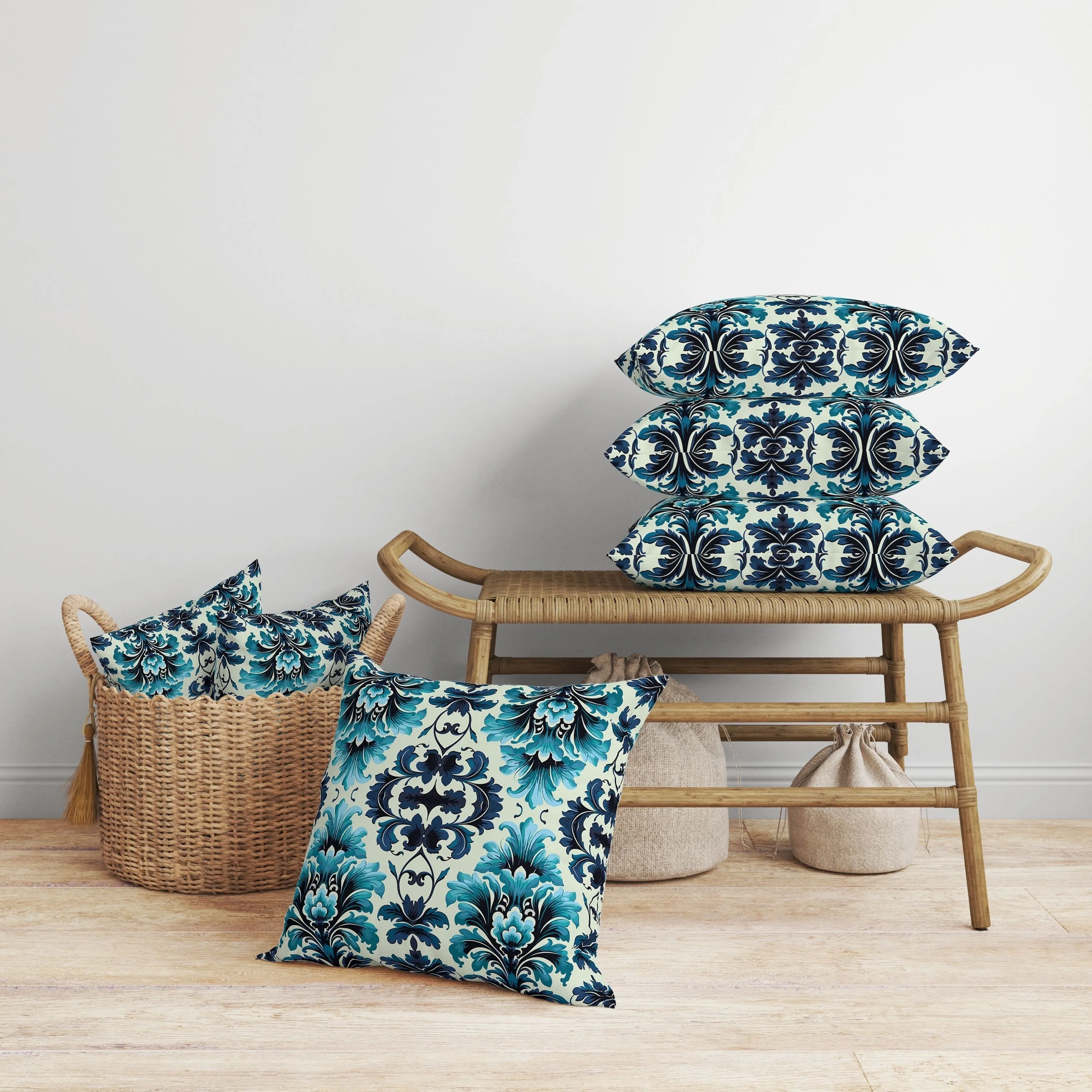 Damask Rapture Faux Suede Reversible Throw Pillow Blue and Turquoise
