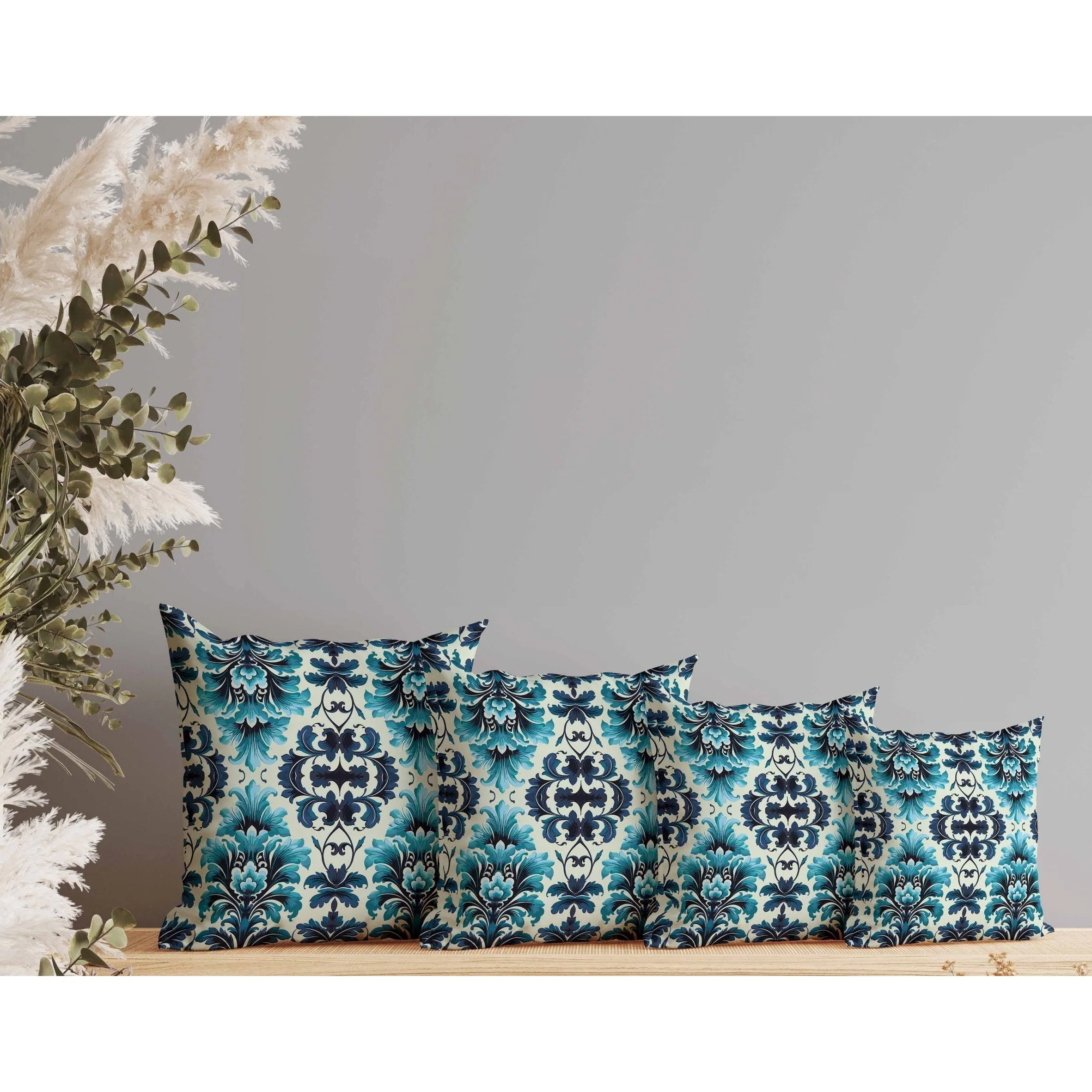 Damask Rapture Faux Suede Reversible Throw Pillow Blue and Turquoise