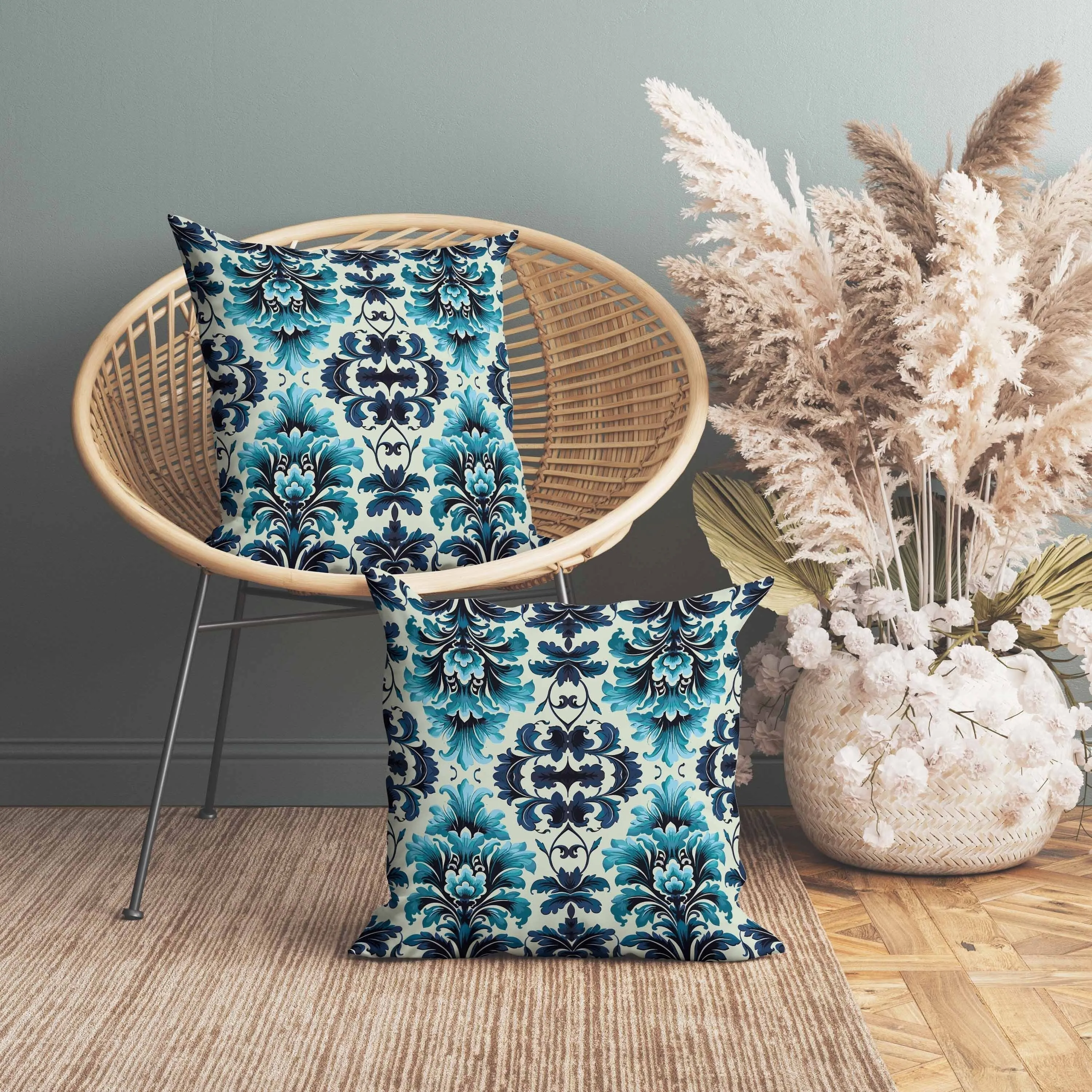 Damask Rapture Faux Suede Reversible Throw Pillow Blue and Turquoise