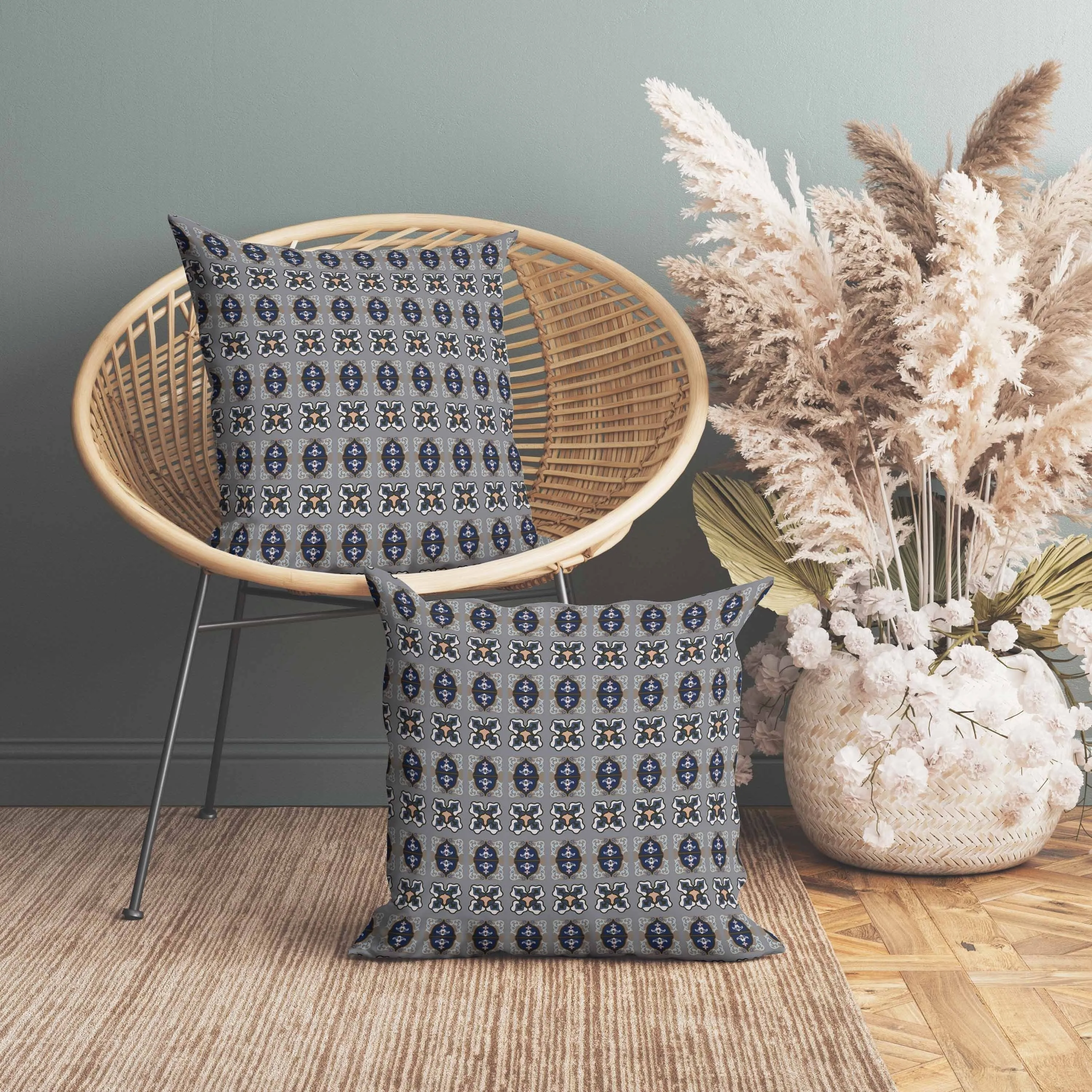 Darbari Dynasty Faux Suede Reversible Throw Pillow Blue and Gray