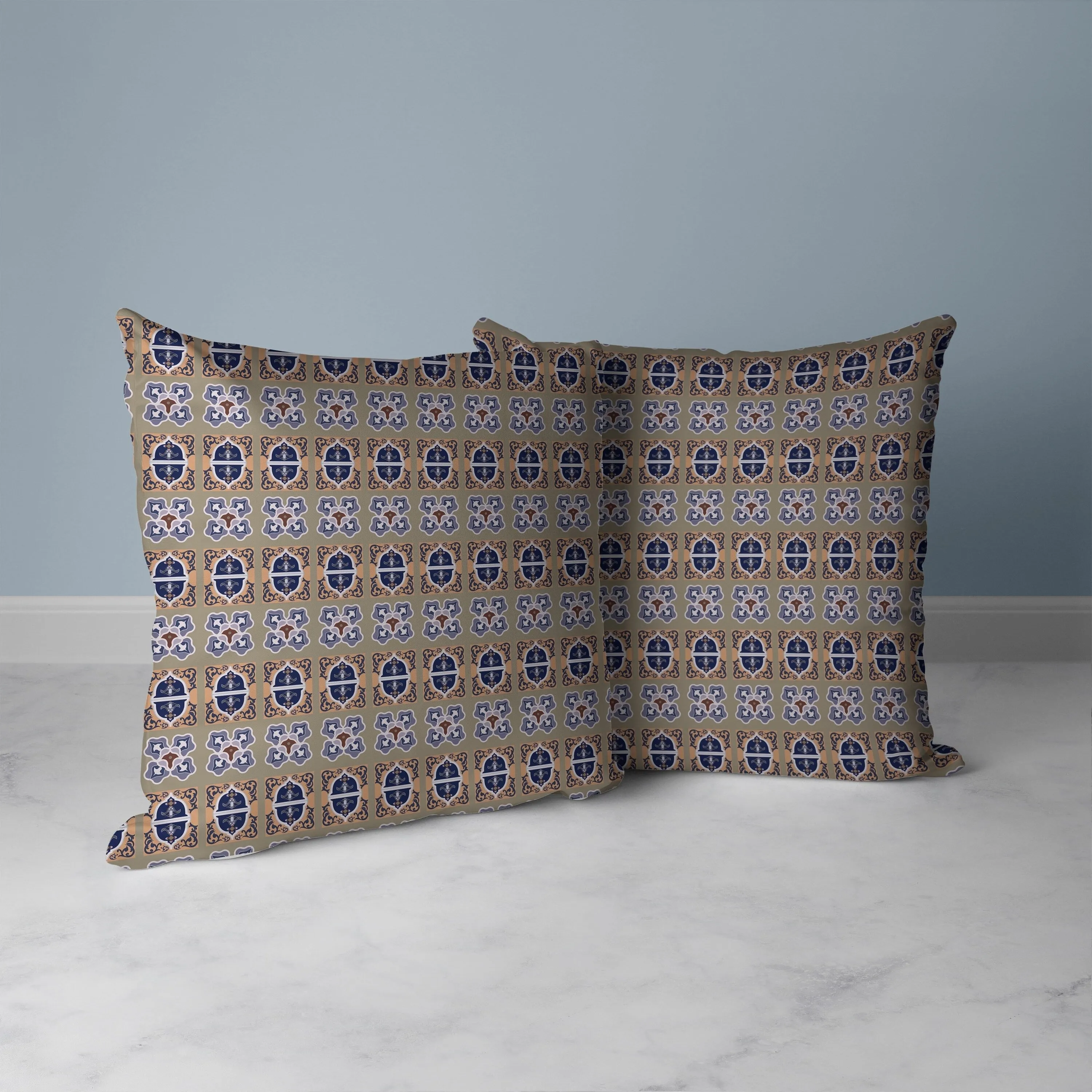 Darbari Dynasty Faux Suede Reversible Throw Pillow Blue and Hazelnut