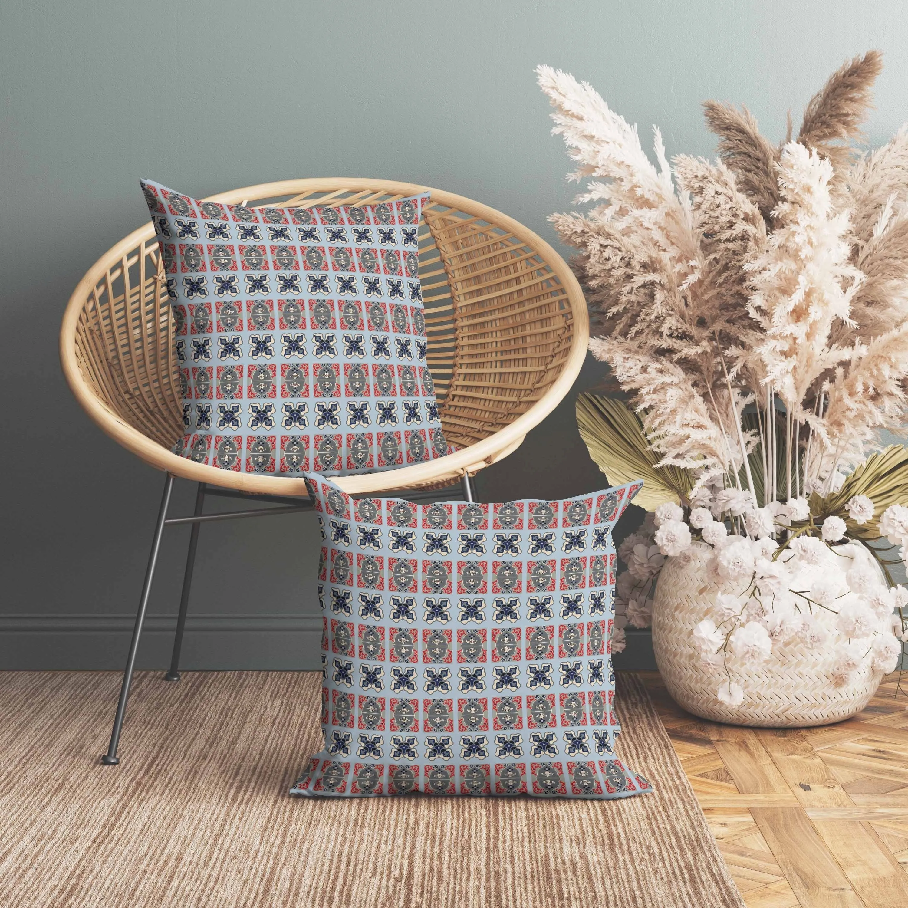 Darbari Dynasty Indoor/Outdoor Reversible Throw Pillow Blue and Gray
