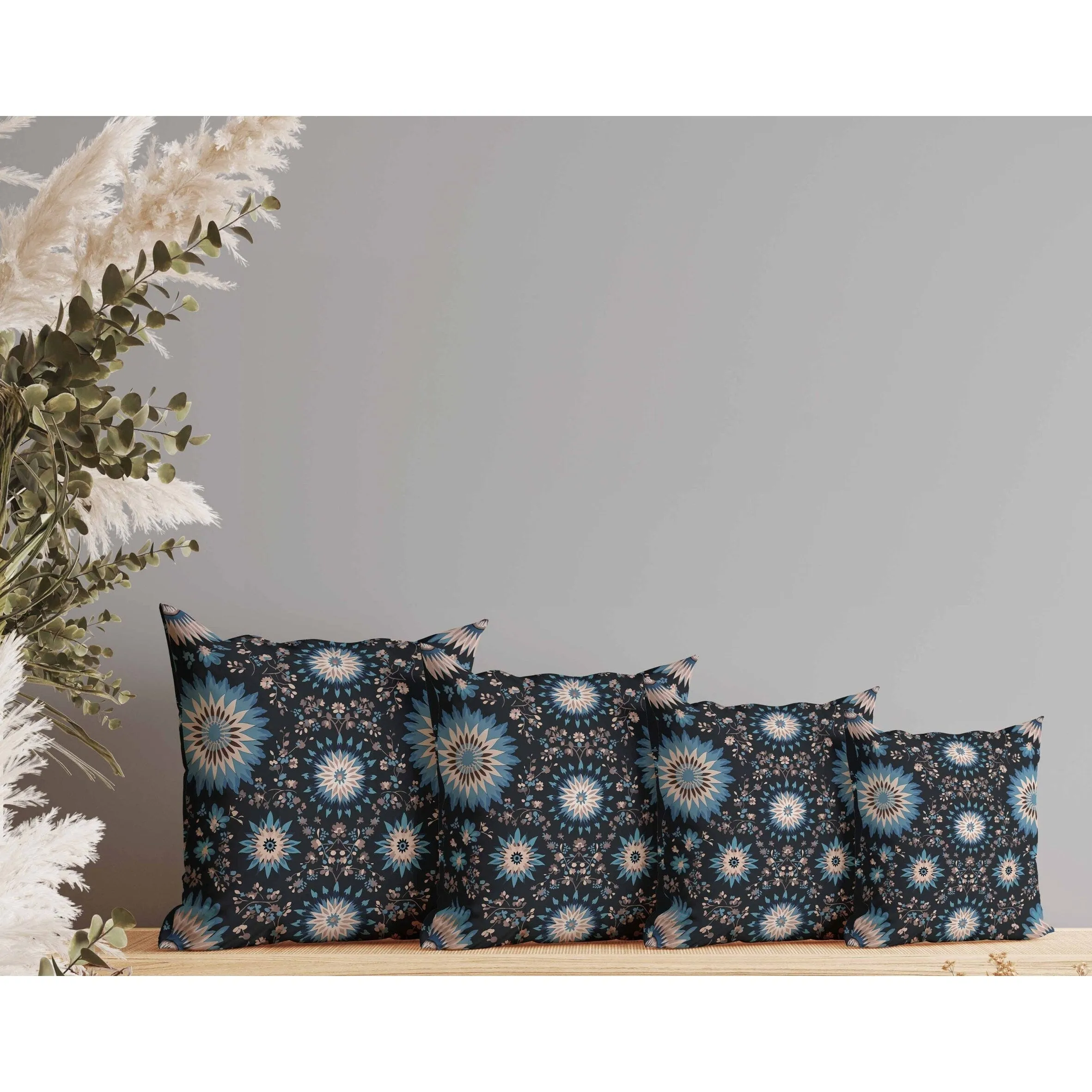 Delightful Dandelions Faux Suede Reversible Throw Pillow Black and Blue