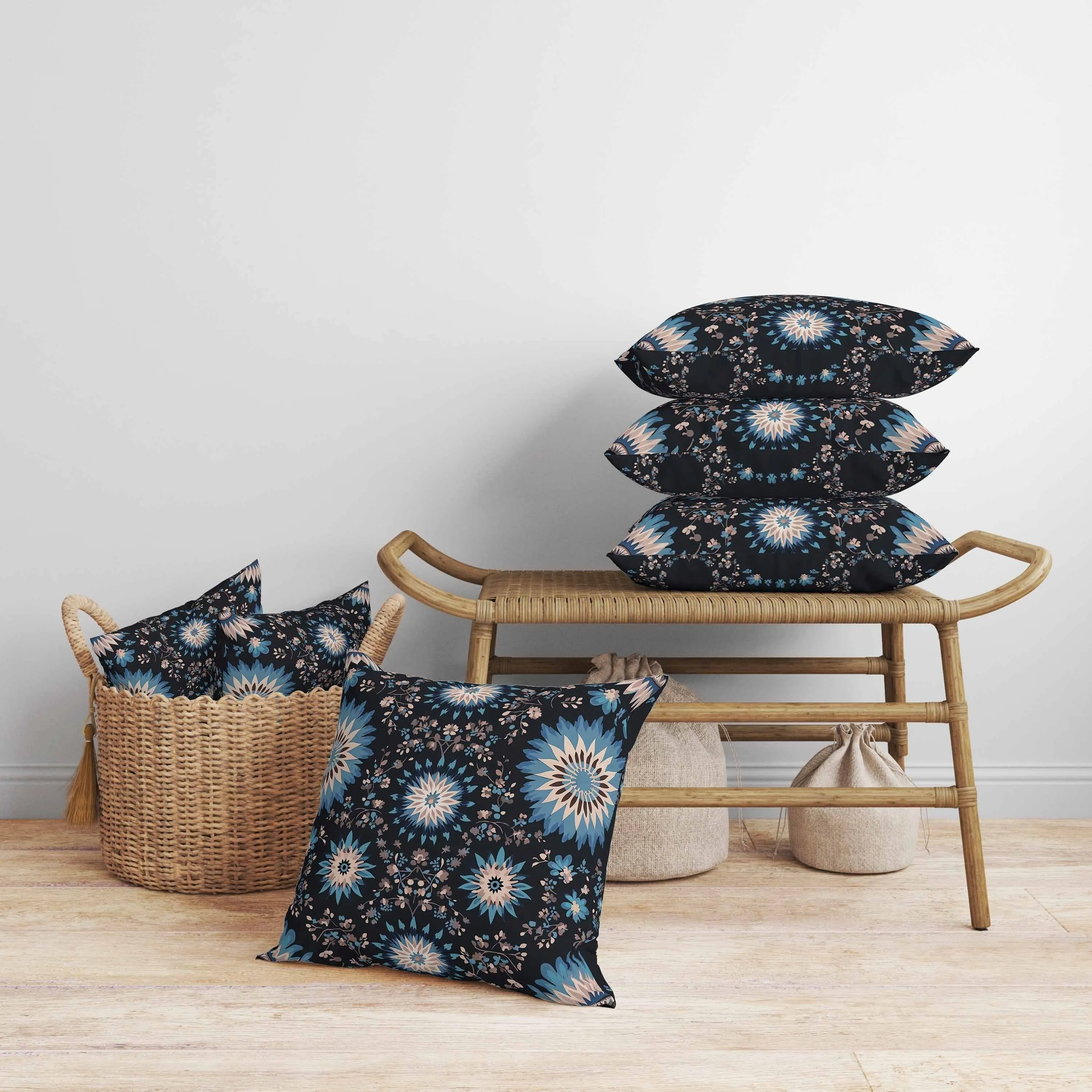 Delightful Dandelions Faux Suede Reversible Throw Pillow Black and Blue
