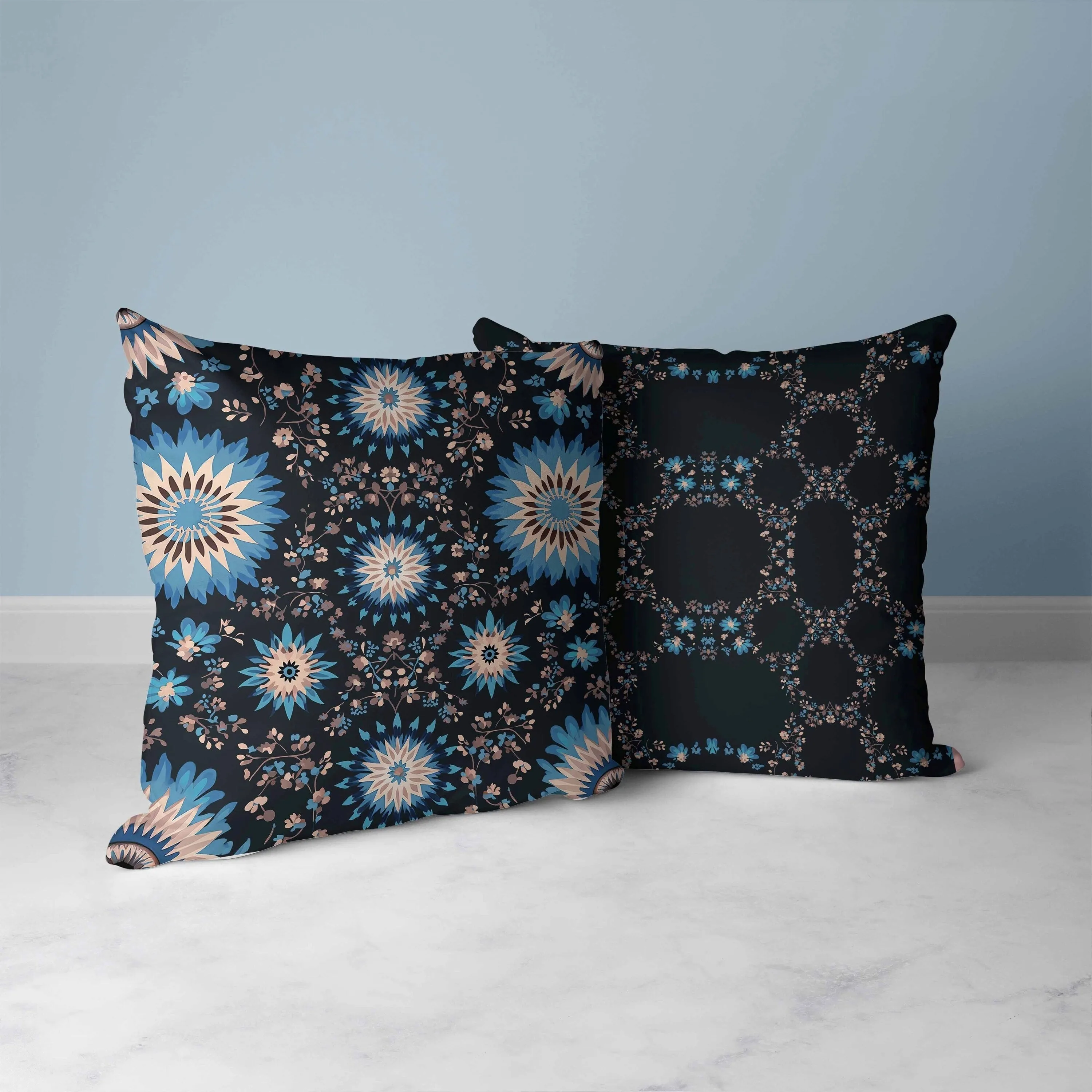 Delightful Dandelions Faux Suede Reversible Throw Pillow Black and Blue