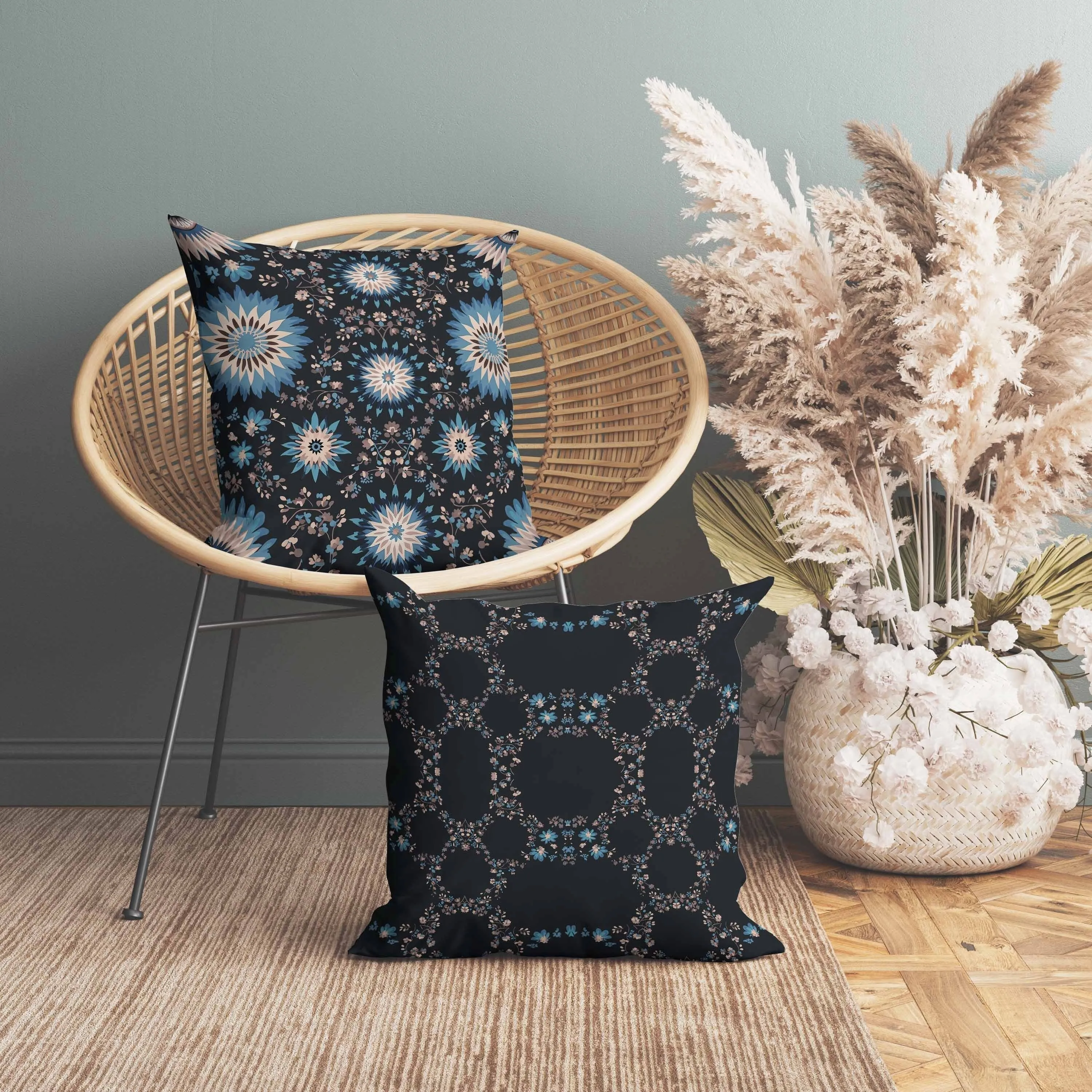 Delightful Dandelions Faux Suede Reversible Throw Pillow Black and Blue