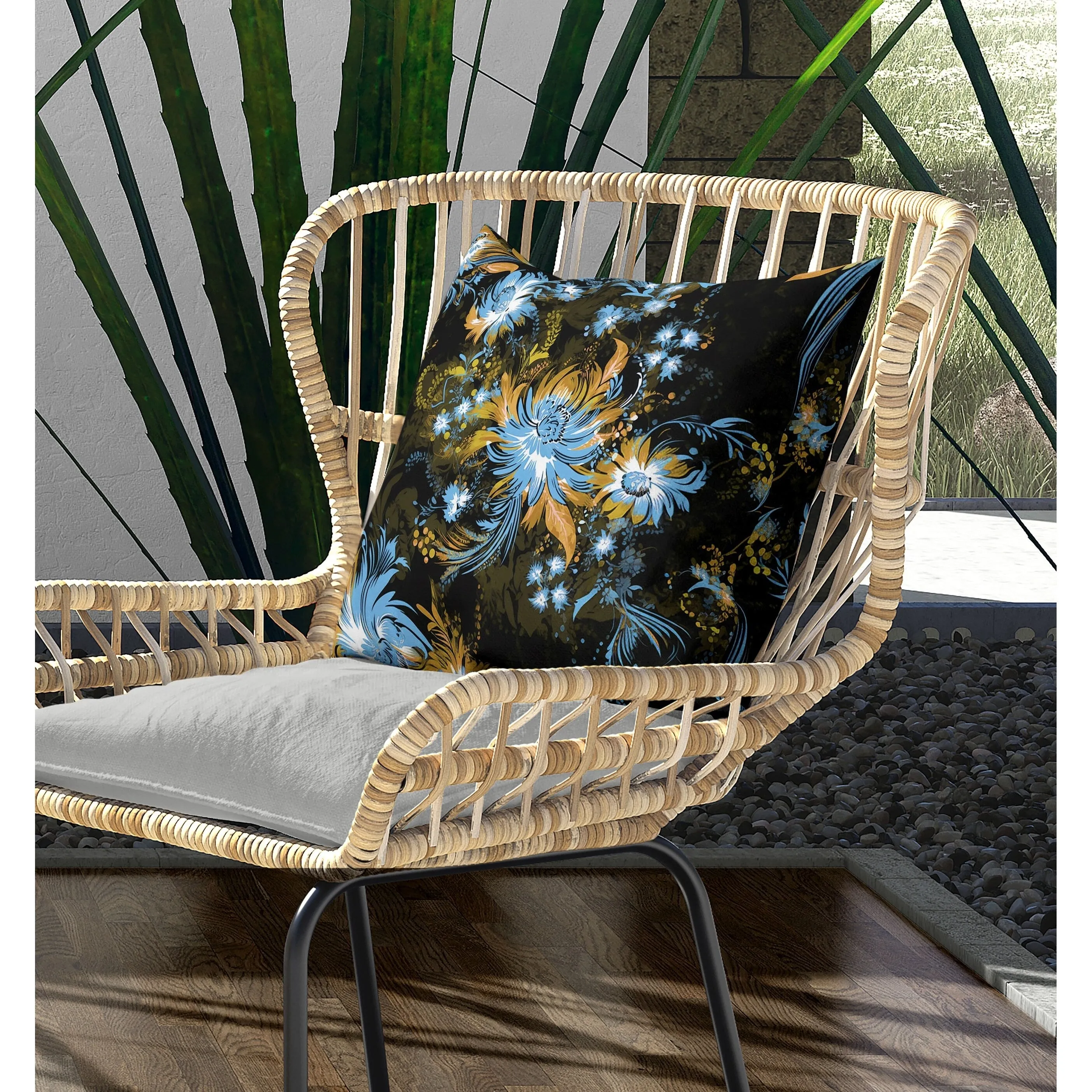 Delightful Wildflowers Indoor/Outdoor Reversible Throw Pillow Black and Yellow