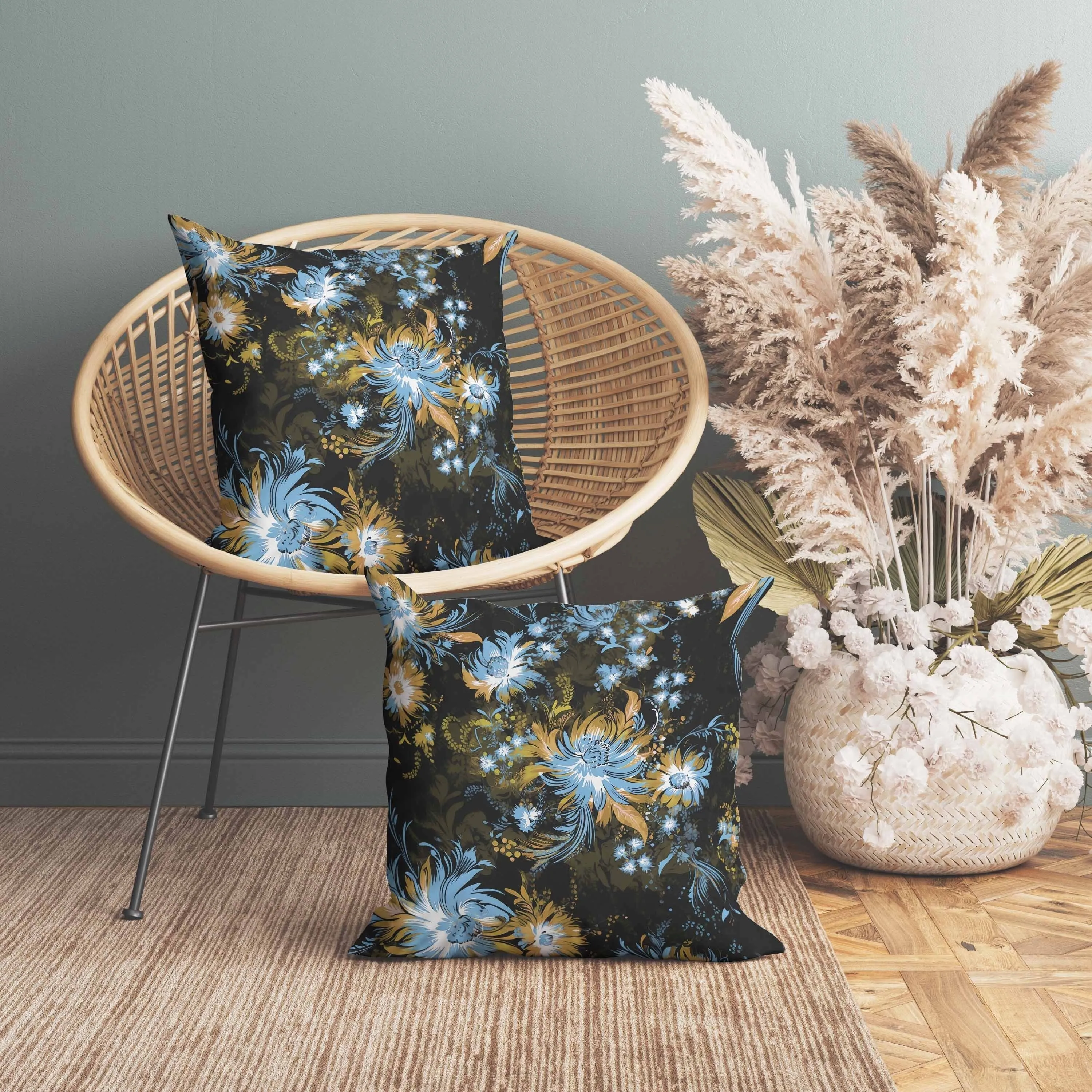 Delightful Wildflowers Indoor/Outdoor Reversible Throw Pillow Black and Yellow