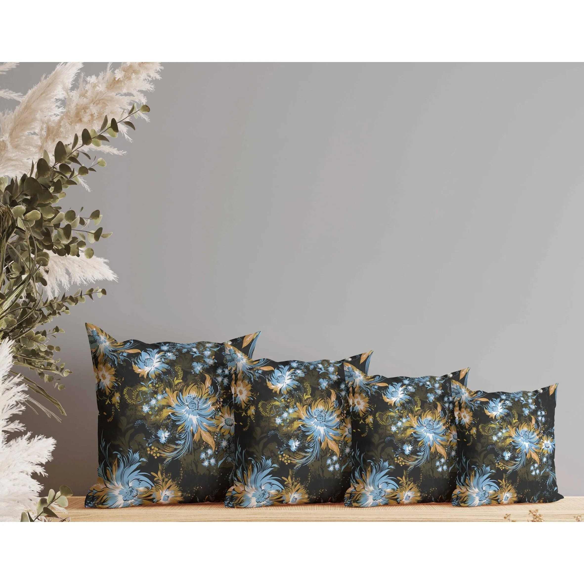 Delightful Wildflowers Indoor/Outdoor Reversible Throw Pillow Black and Yellow