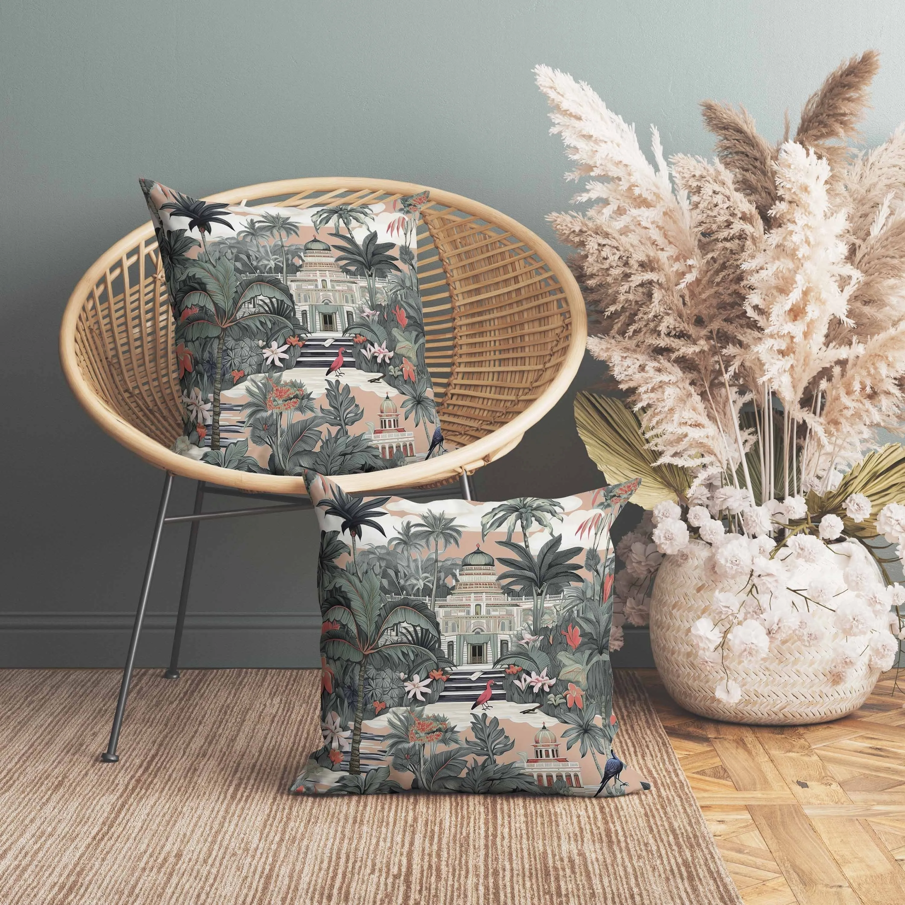 Divine Foliage Faux Suede Reversible Throw Pillow Green and Pink