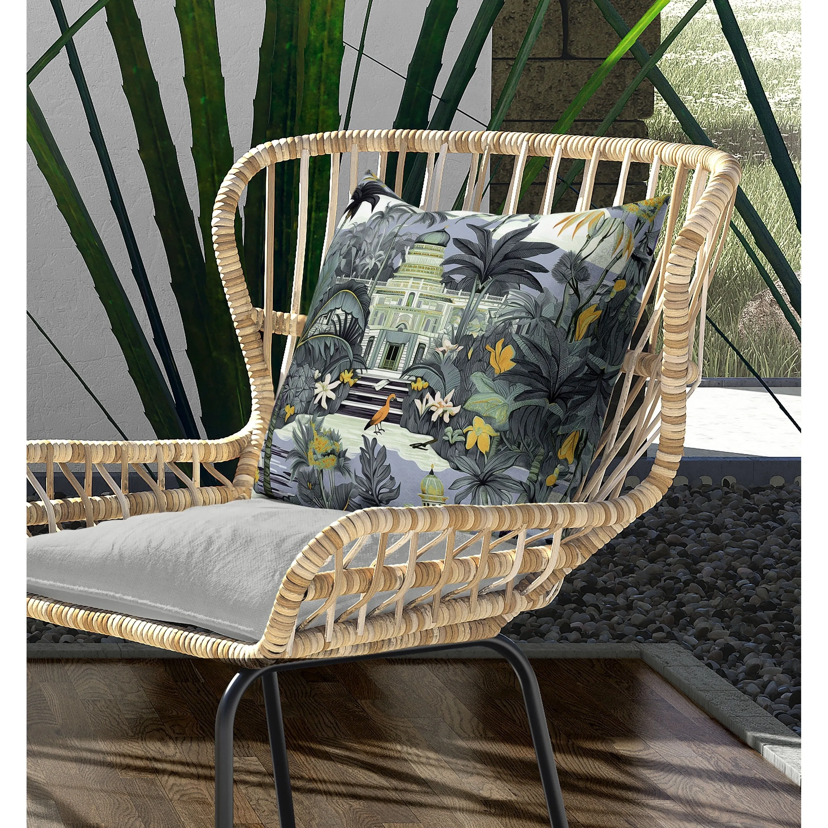 Divine Foliage Indoor/Outdoor Reversible Throw Pillow Grey and Green