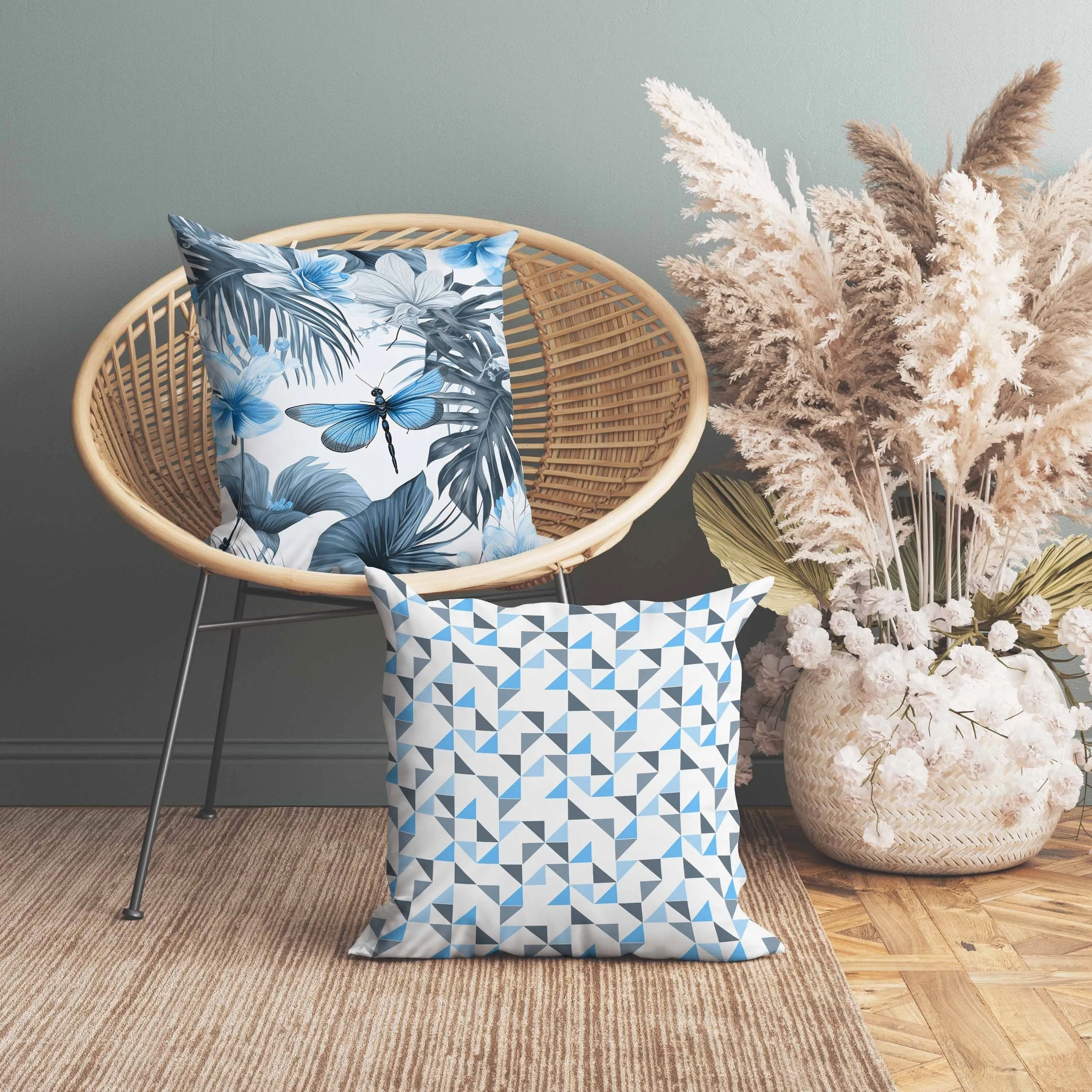 Dragonfly Dreamscape Faux Suede Reversible Throw Pillow Blue and Grey