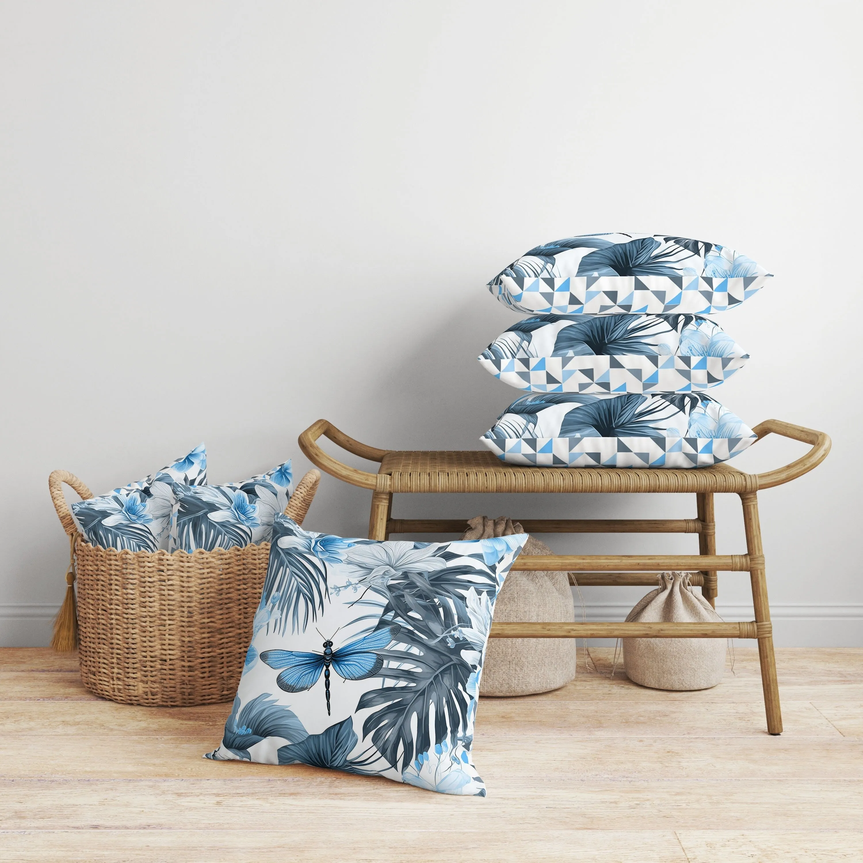 Dragonfly Dreamscape Faux Suede Reversible Throw Pillow Blue and Grey