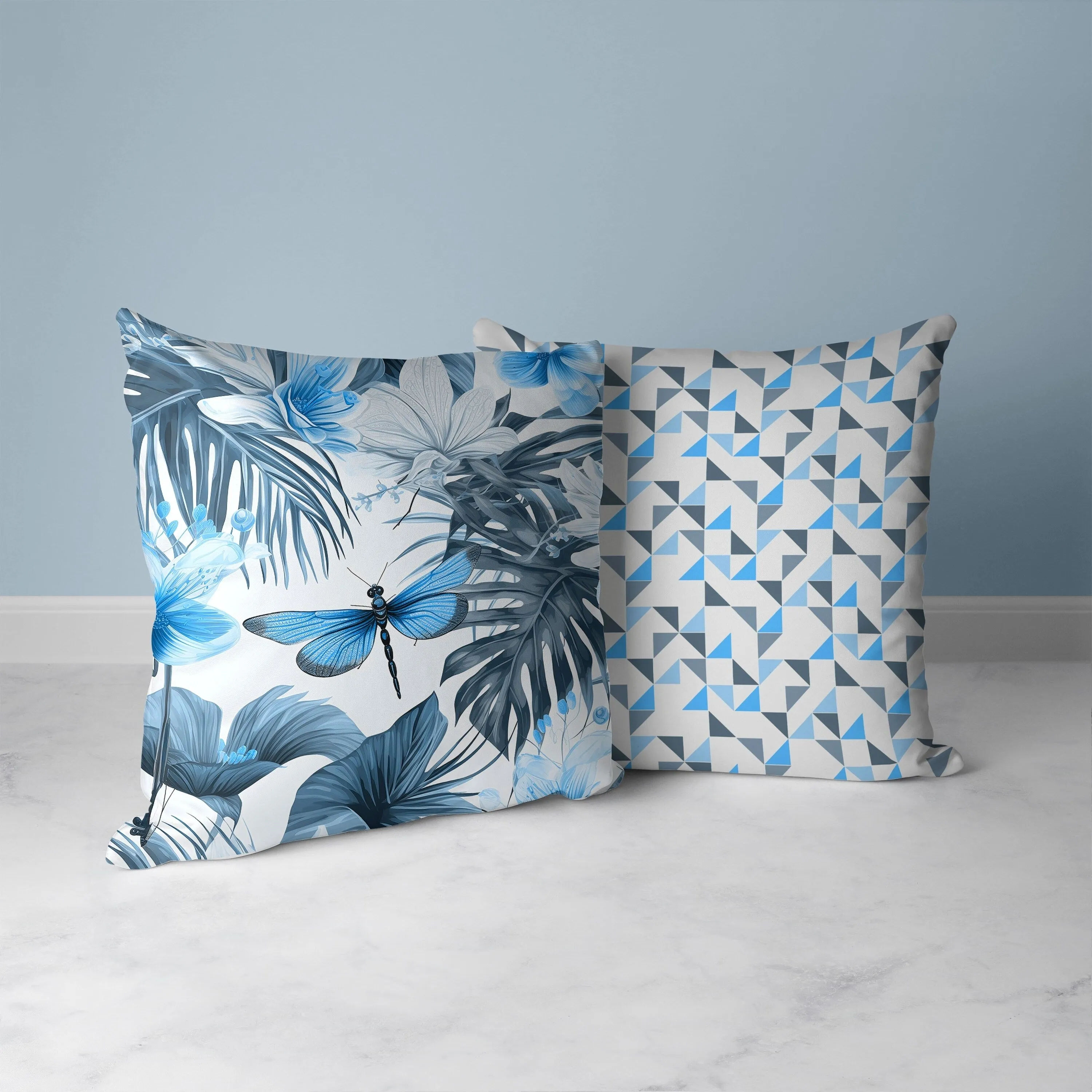Dragonfly Dreamscape Faux Suede Reversible Throw Pillow Blue and Grey