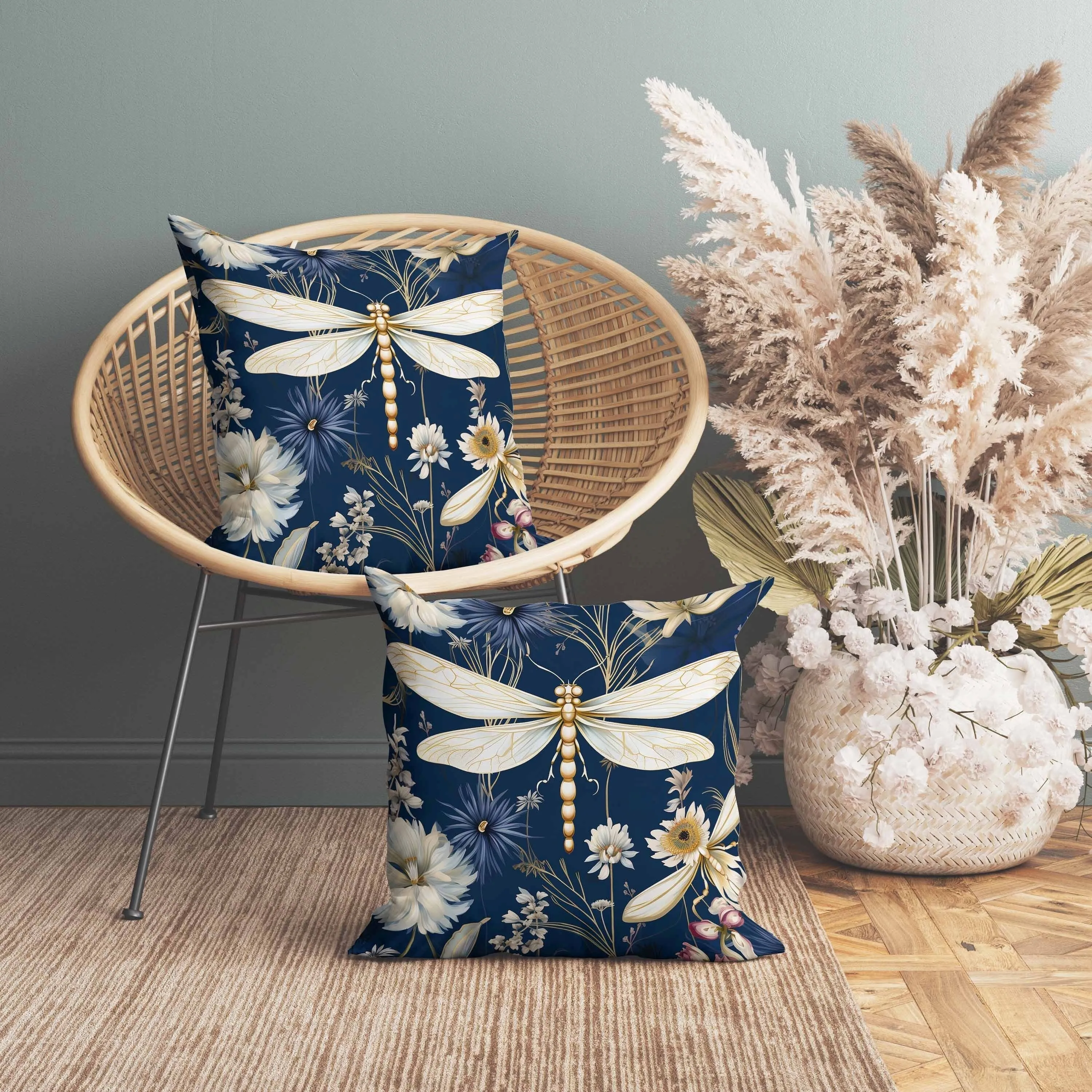 Dragonfly Drift Faux Suede Reversible Throw Pillow Blue and Gold