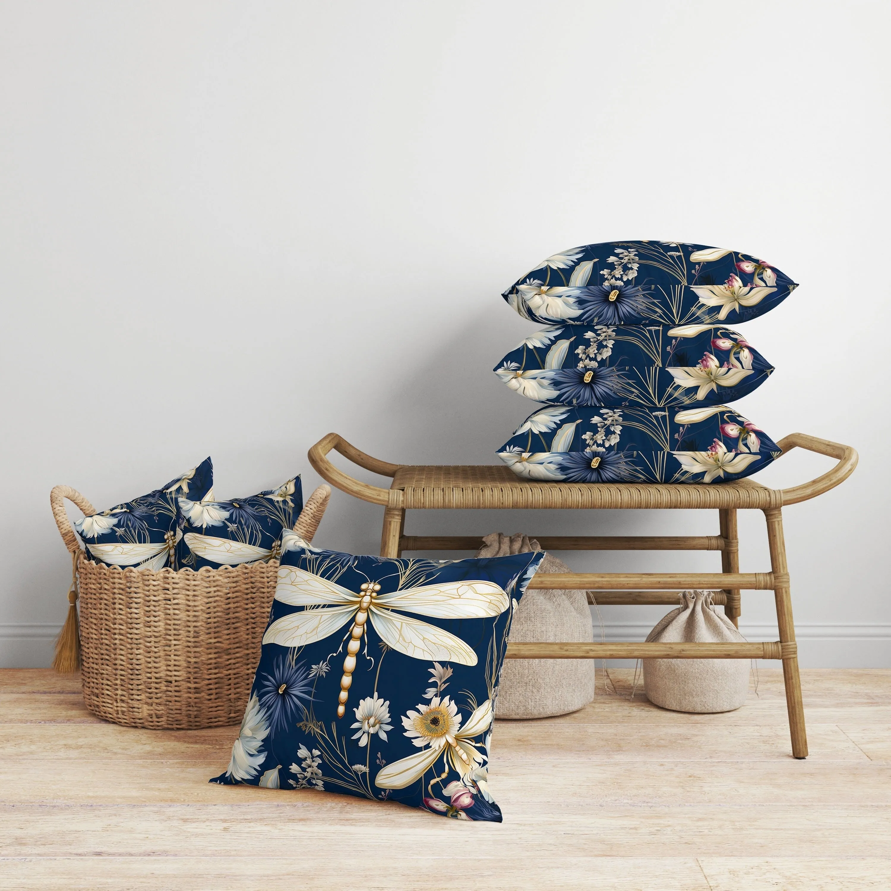 Dragonfly Drift Faux Suede Reversible Throw Pillow Blue and Gold