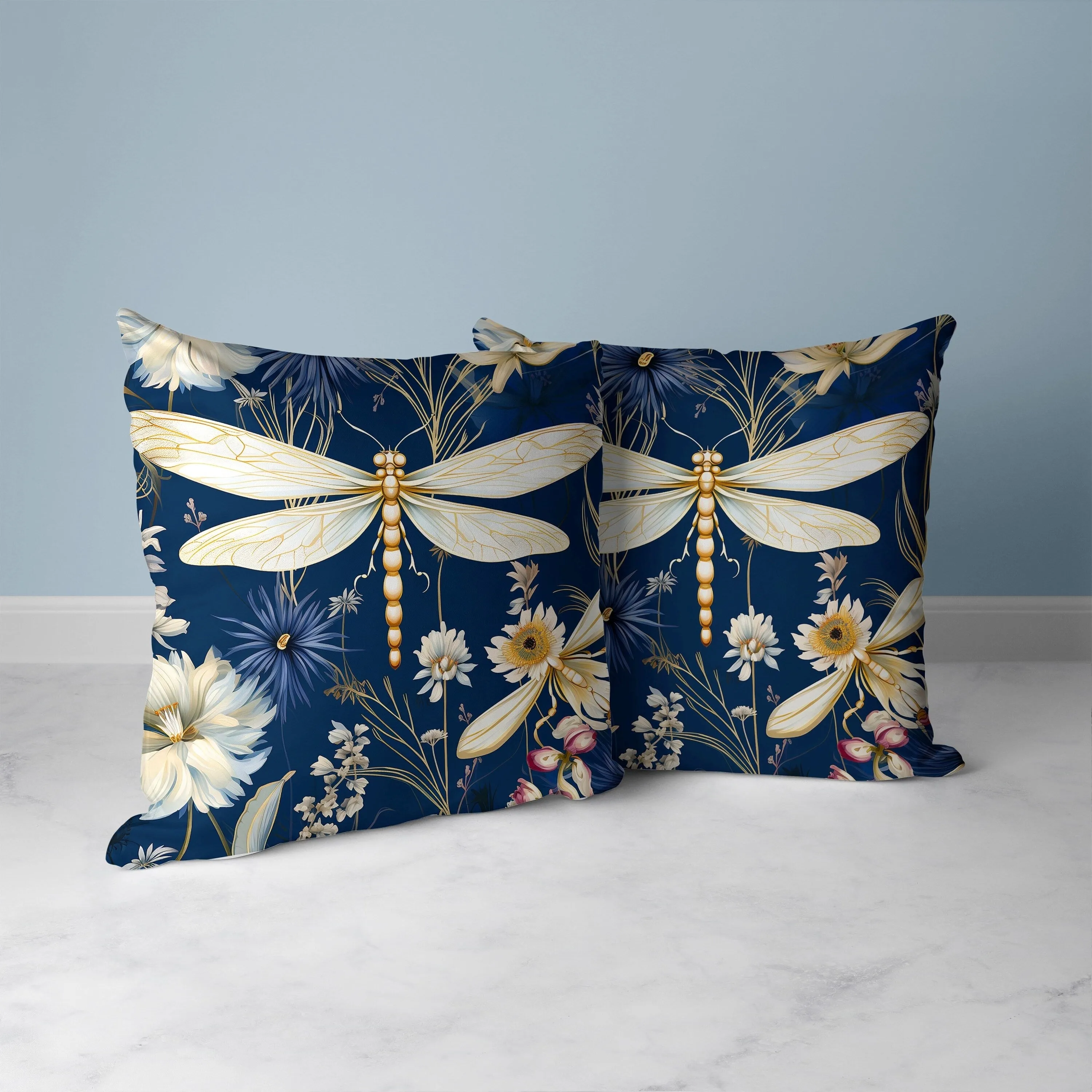 Dragonfly Drift Faux Suede Reversible Throw Pillow Blue and Gold