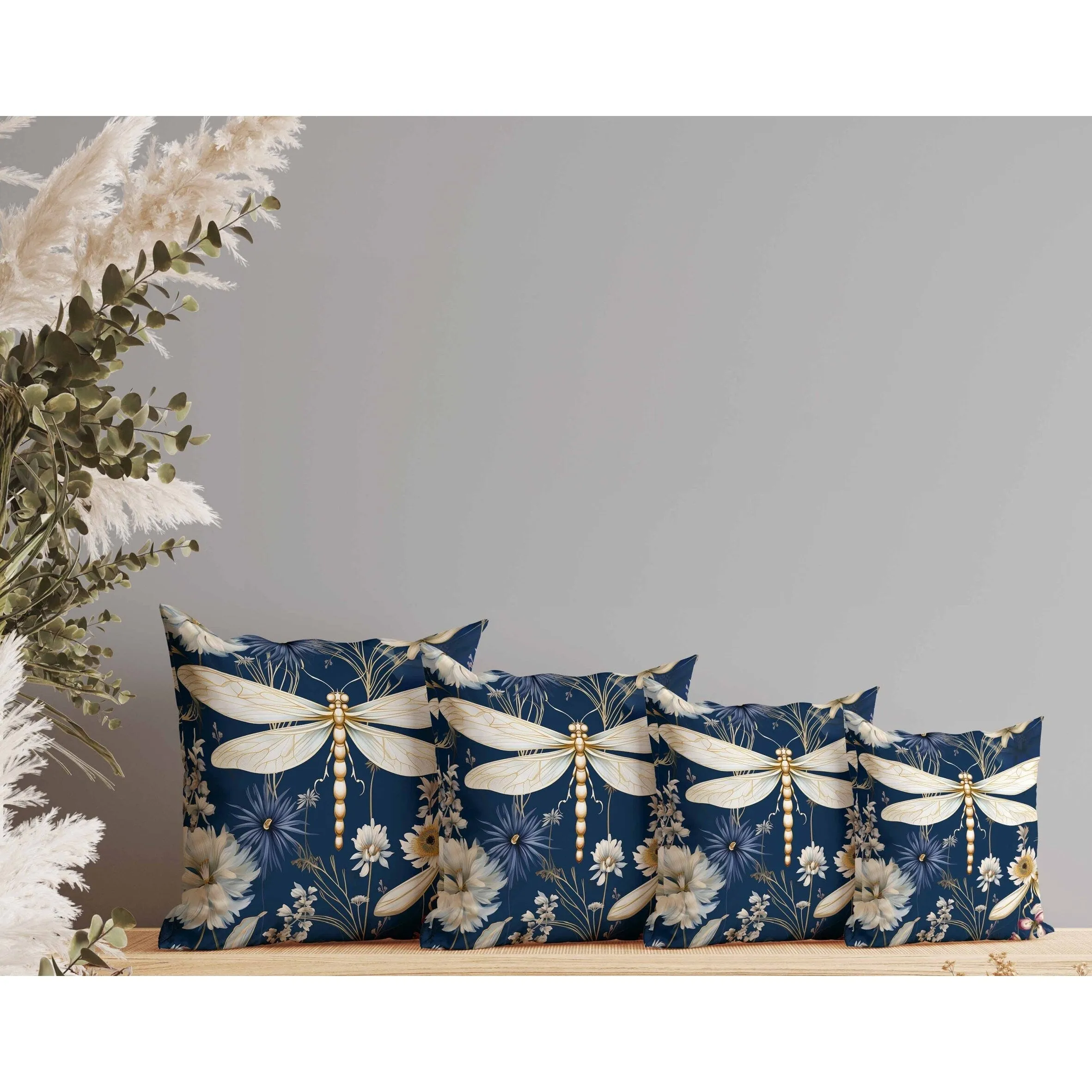 Dragonfly Drift Faux Suede Reversible Throw Pillow Blue and Gold