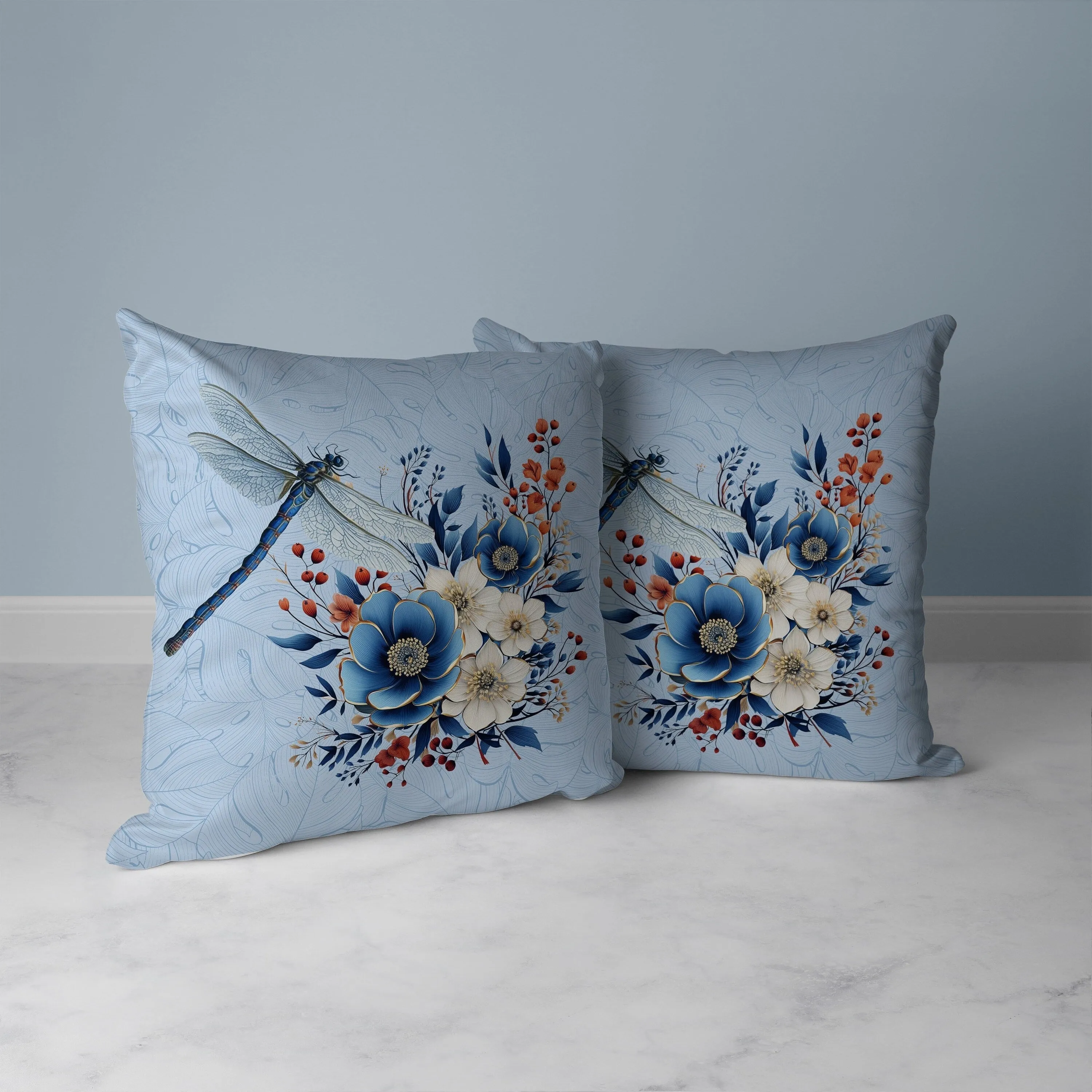 Dragonfly Haven Faux Suede Reversible Throw Pillow Blue and Cream