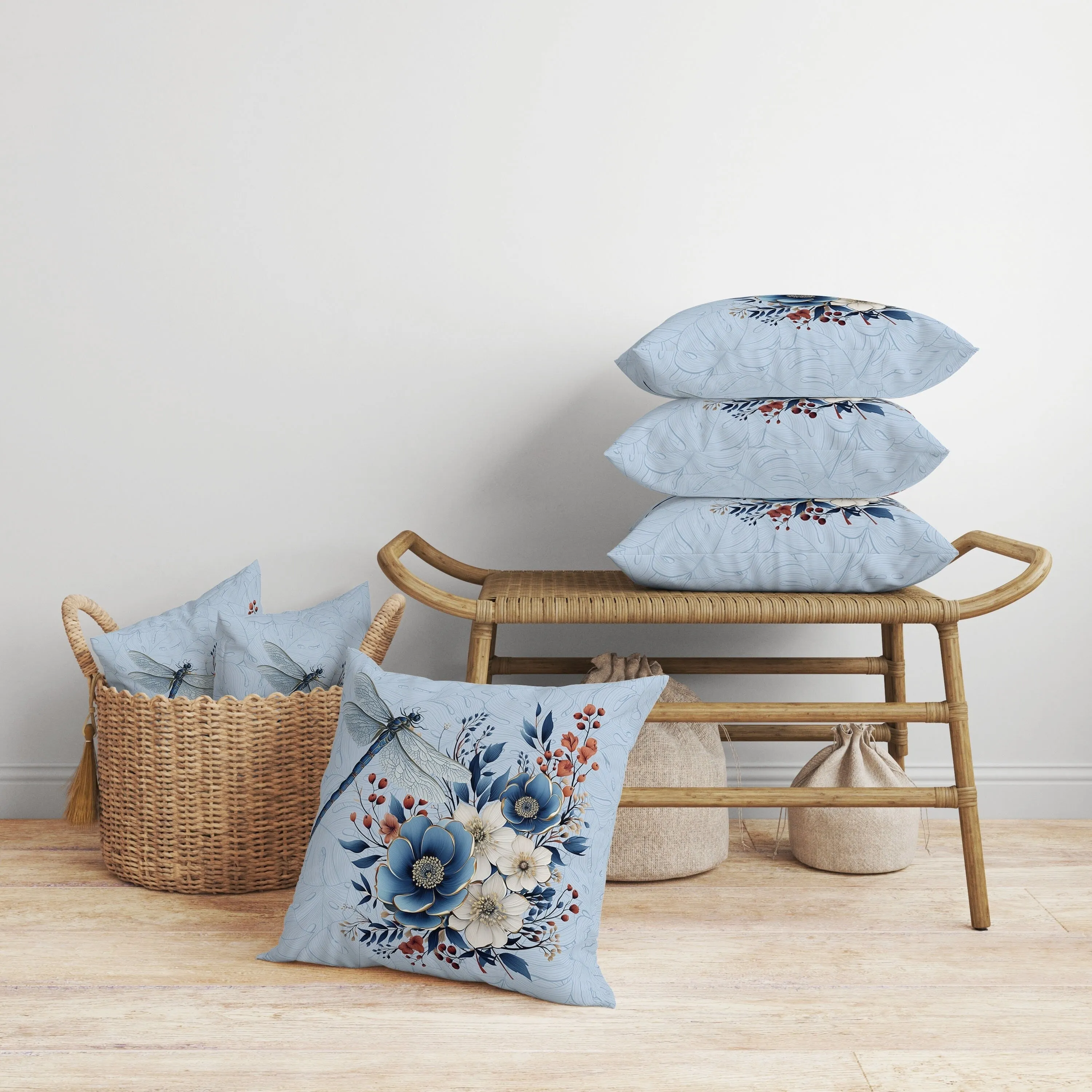 Dragonfly Haven Faux Suede Reversible Throw Pillow Blue and Cream
