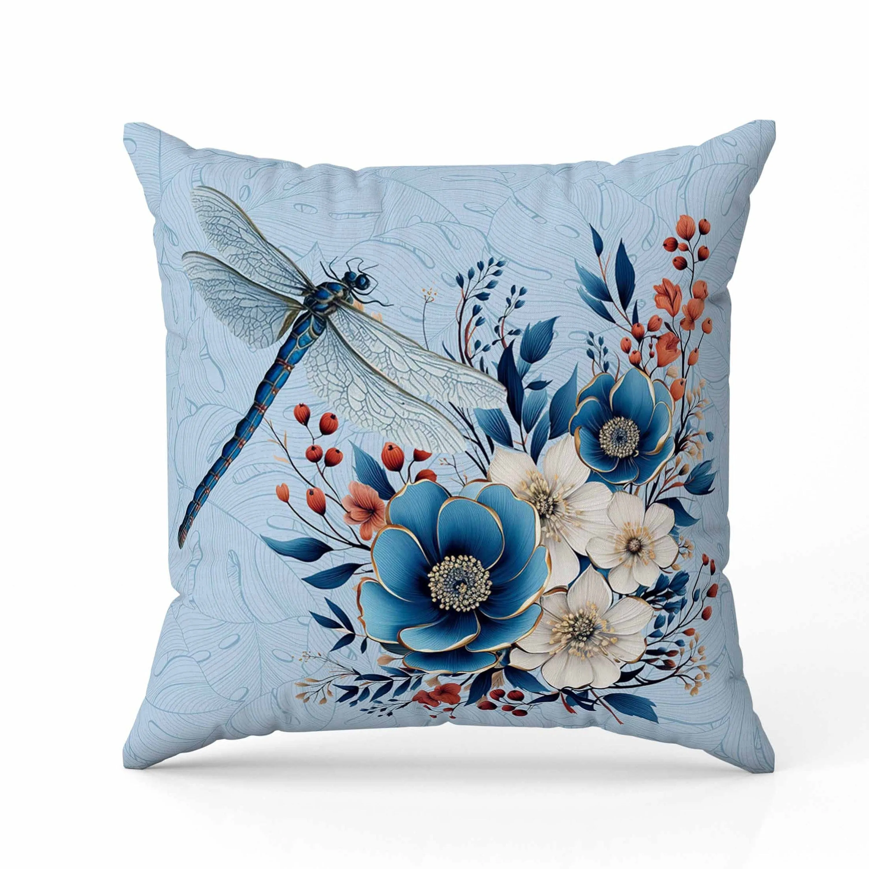 Dragonfly Haven Faux Suede Reversible Throw Pillow Blue and Cream