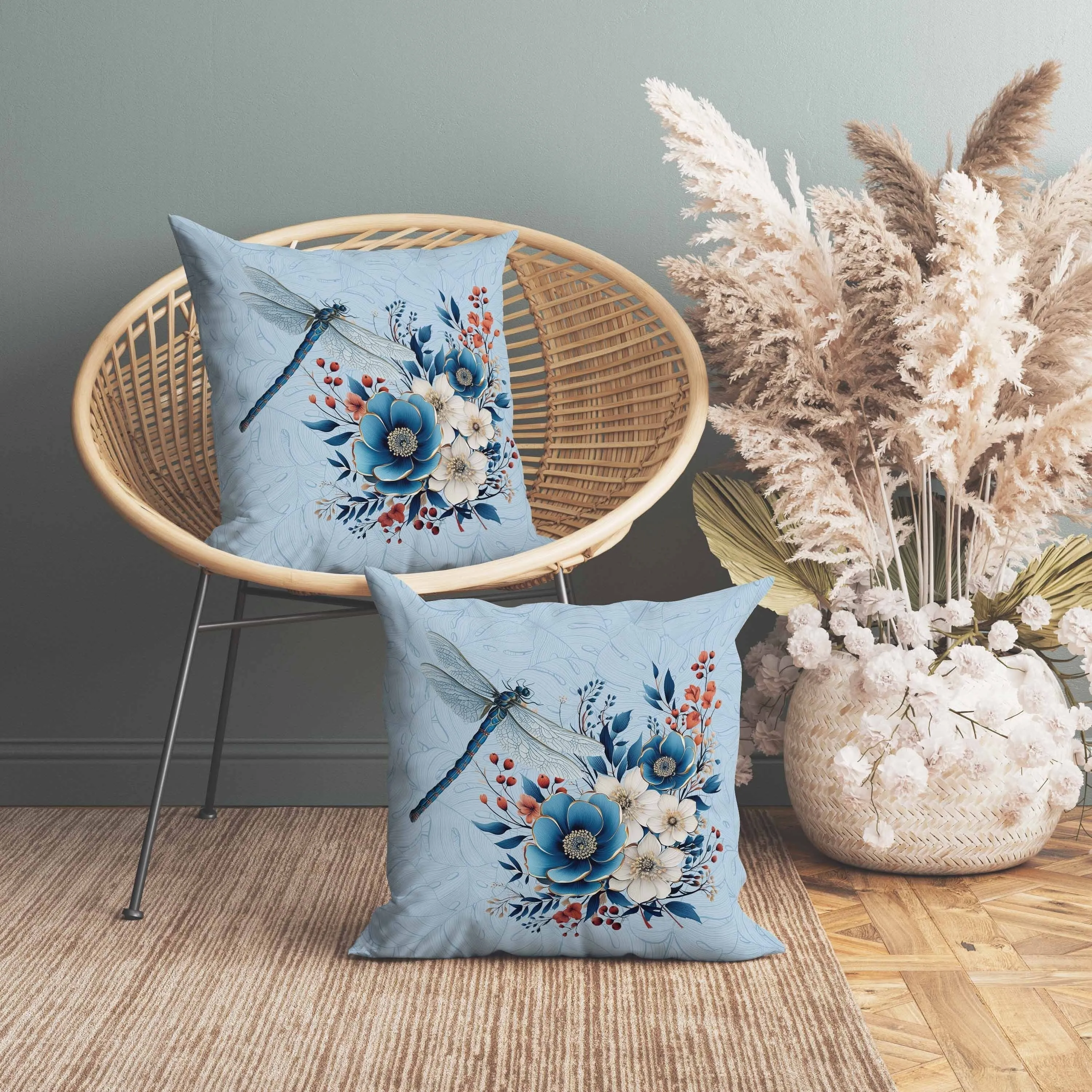 Dragonfly Haven Faux Suede Reversible Throw Pillow Blue and Cream