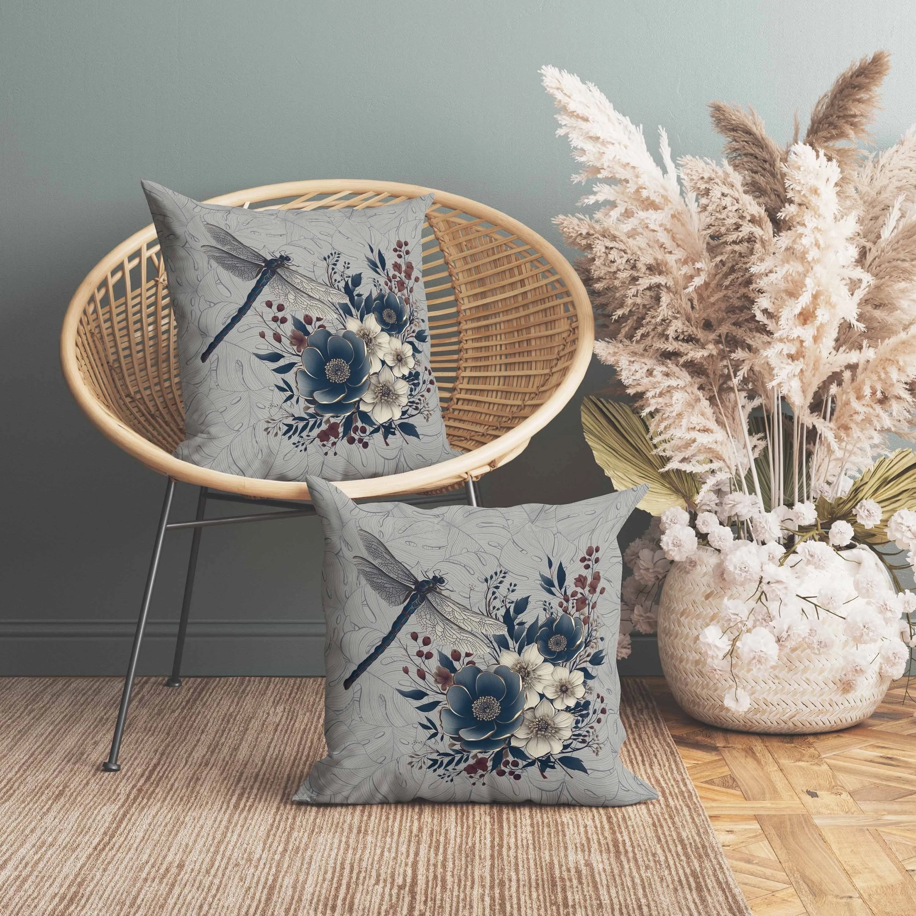 Dragonfly Haven Faux Suede Reversible Throw Pillow Gray and Blue