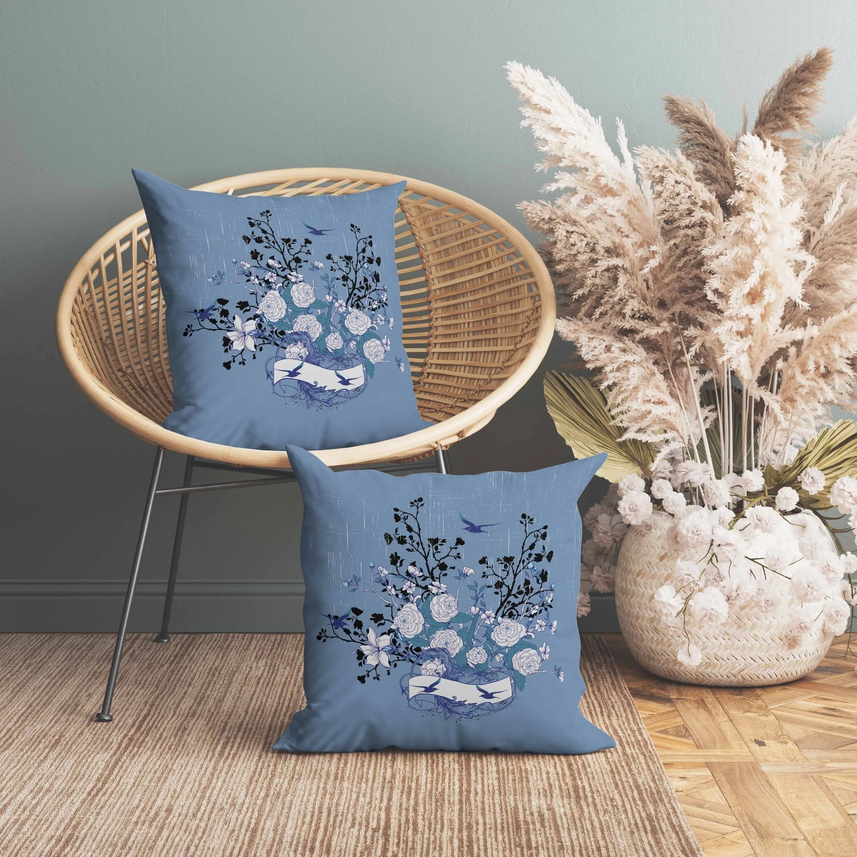Elegant Floral Bouquet Faux Suede Reversible Throw Pillow Blue and White