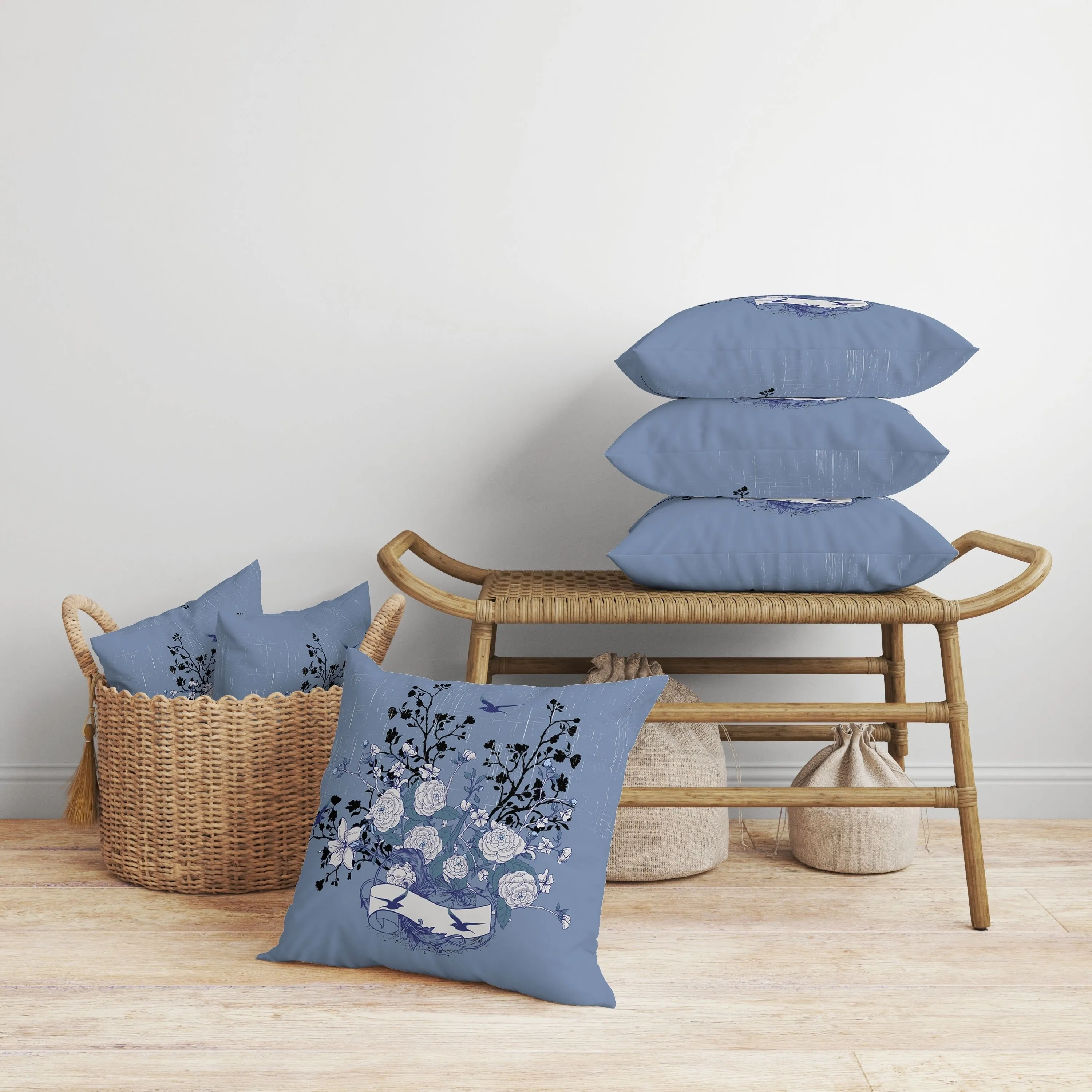 Elegant Floral Bouquet Faux Suede Reversible Throw Pillow Blue and White