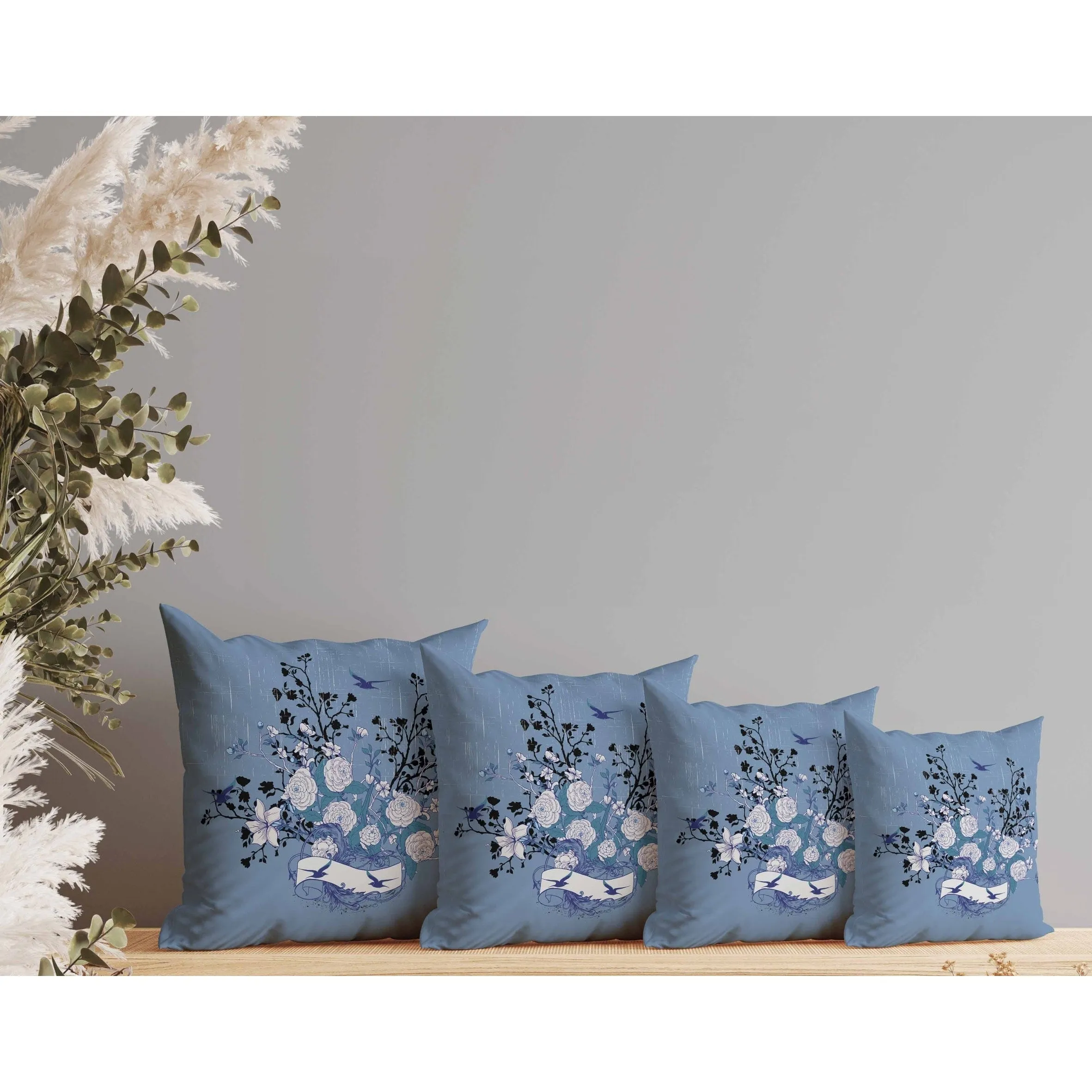 Elegant Floral Bouquet Faux Suede Reversible Throw Pillow Blue and White