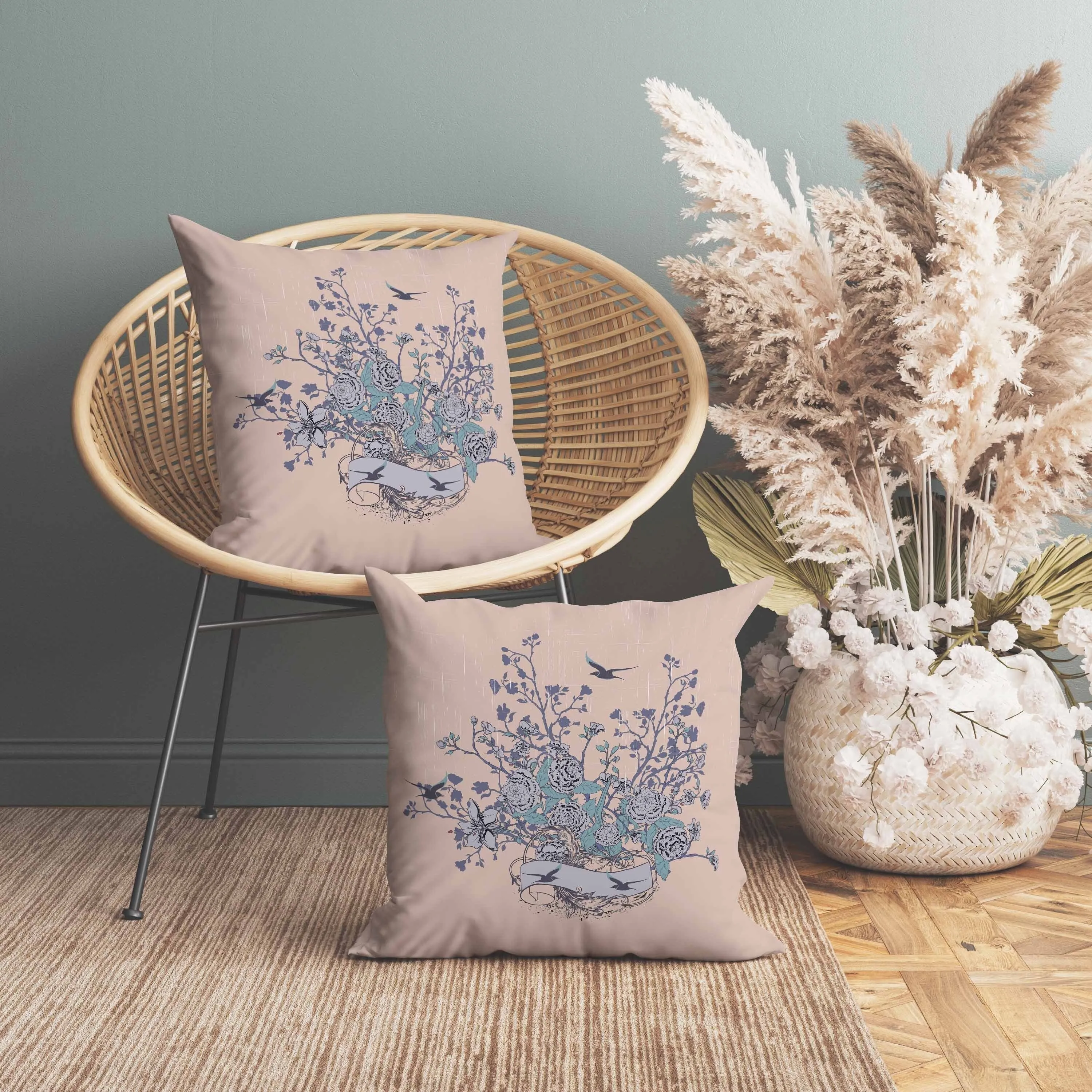 Elegant Floral Bouquet Faux Suede Reversible Throw Pillow Pink and Gray