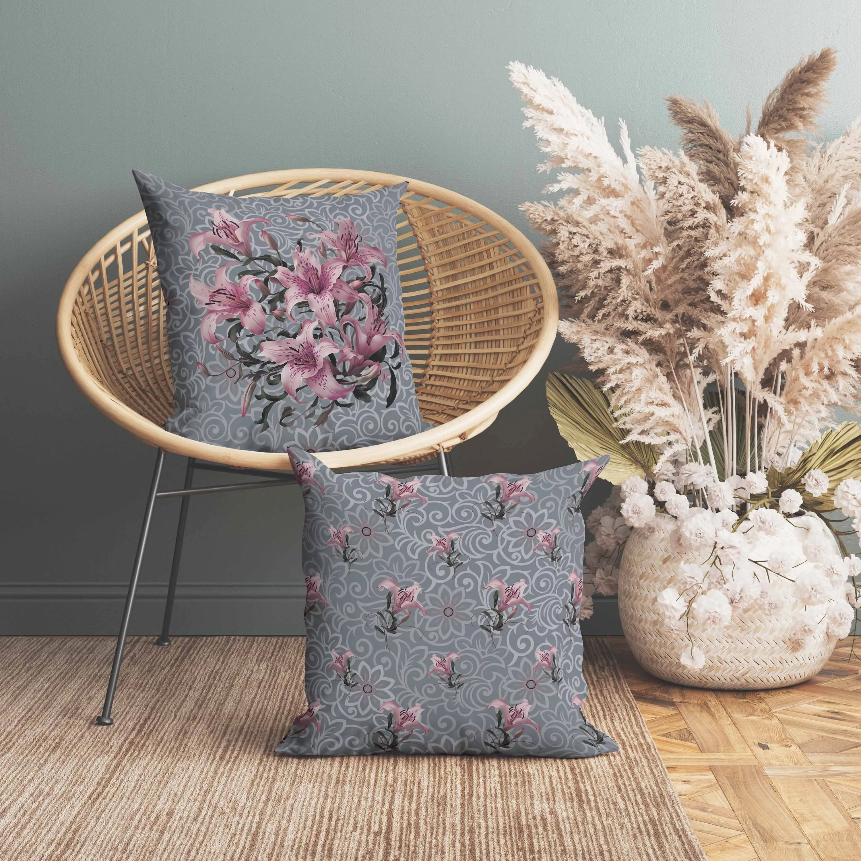 Enchanted Lily Affair Faux Suede Reversible Throw Pillow Grey and Pink