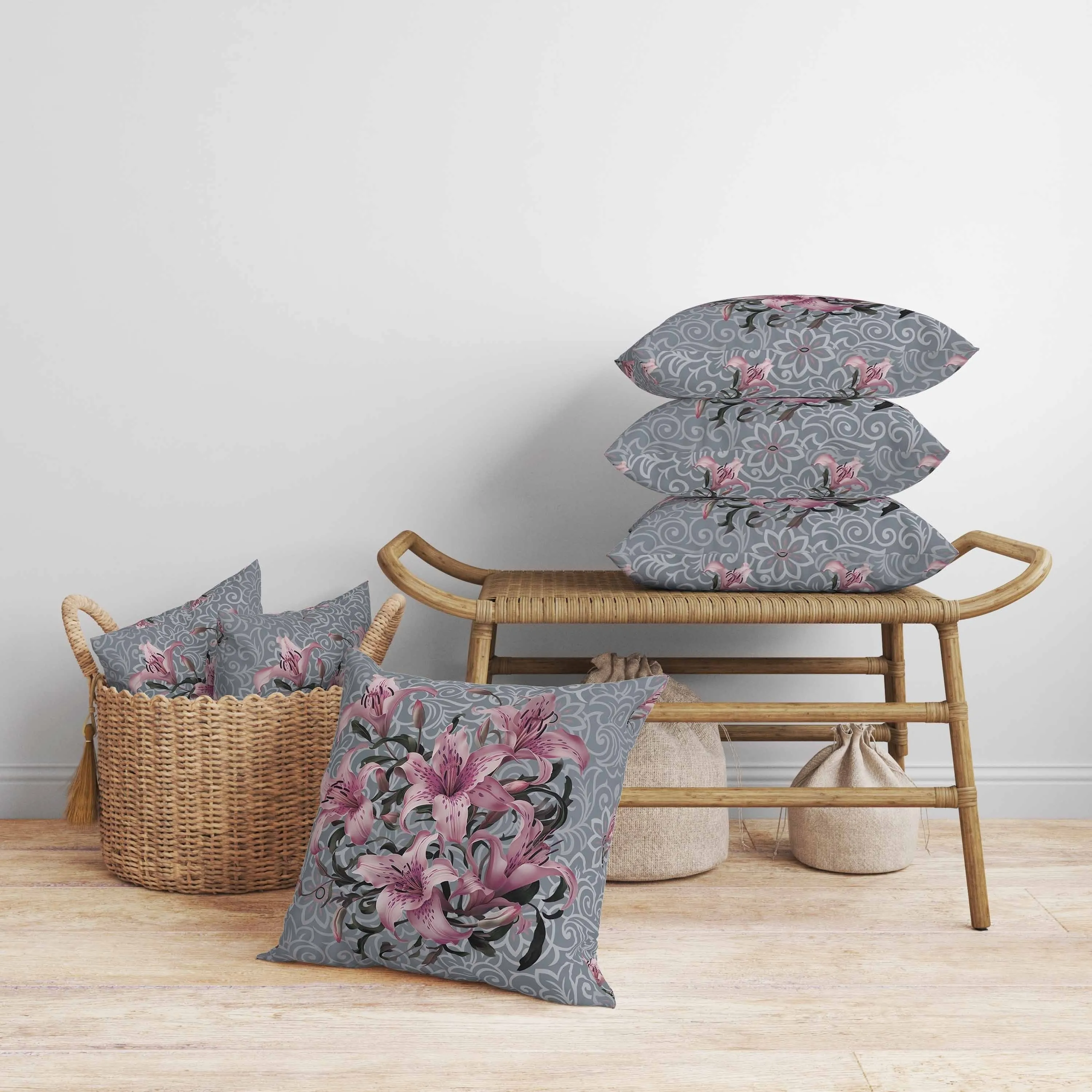 Enchanted Lily Affair Faux Suede Reversible Throw Pillow Grey and Pink