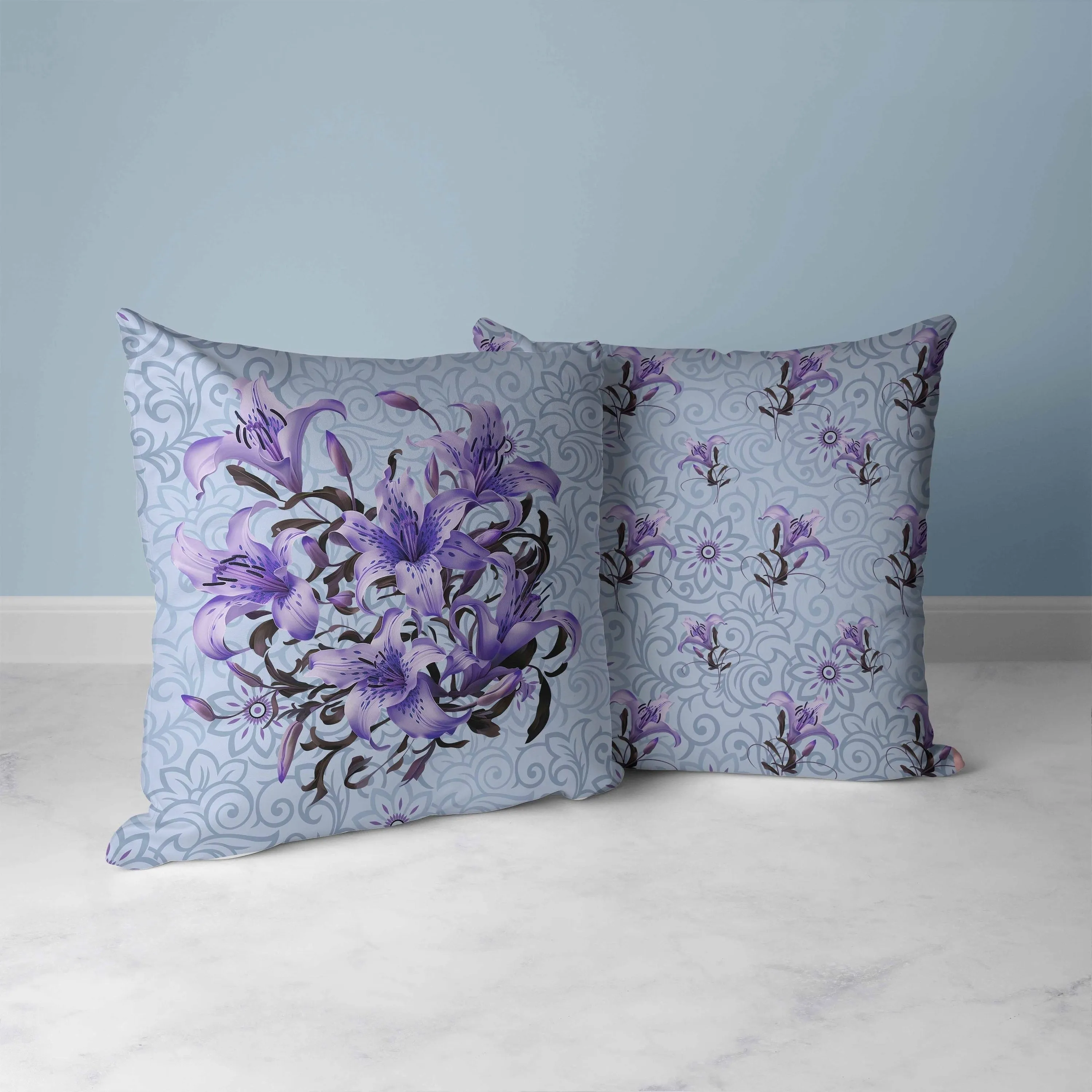 Enchanted Lily Affair Faux Suede Reversible Throw Pillow Silver and Blue