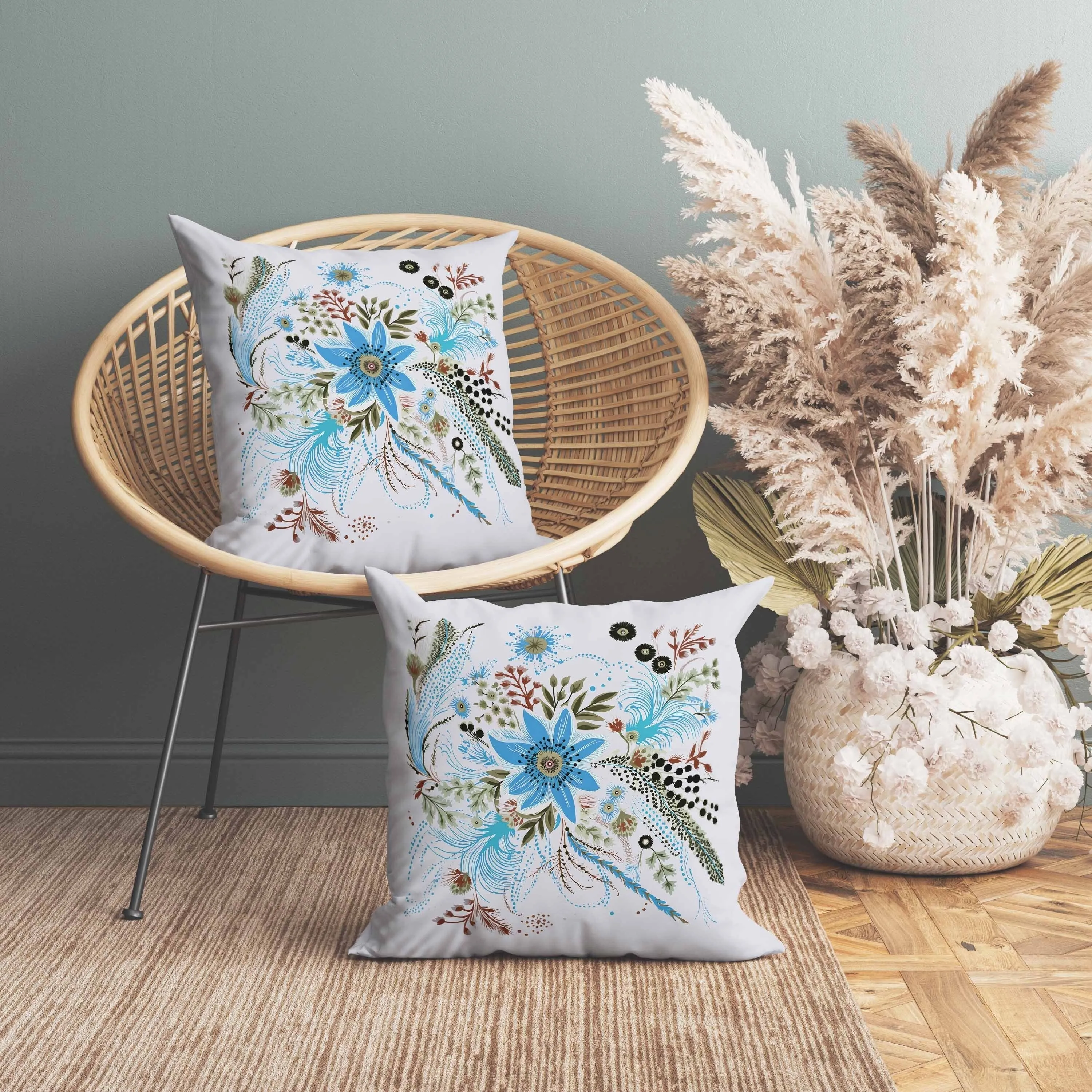 Enchanting Bouquet Faux Suede Reversible Throw Pillow Blue and Green