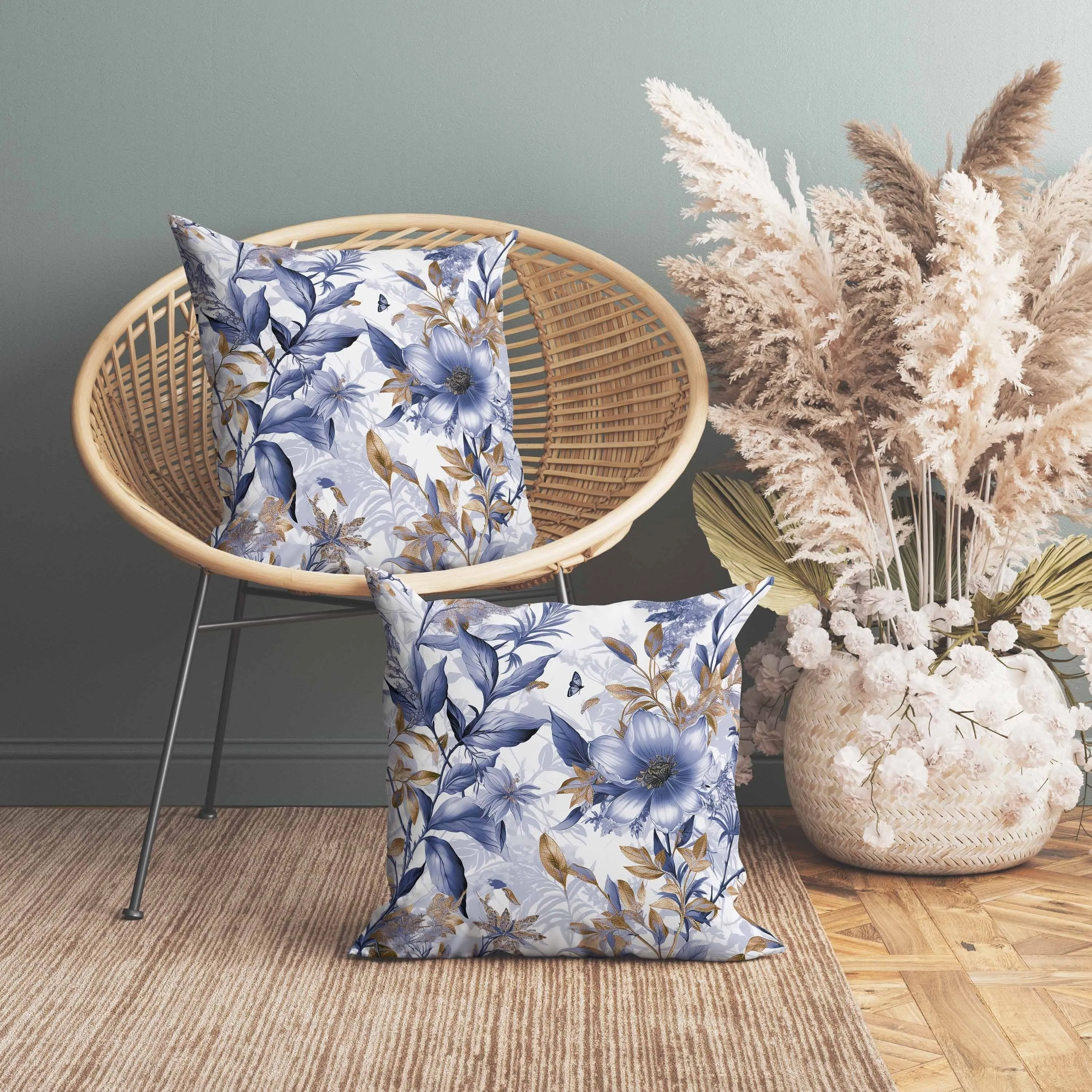 Exquisite Floral Breeze Faux Suede Reversible Throw Pillow Blue and Gold