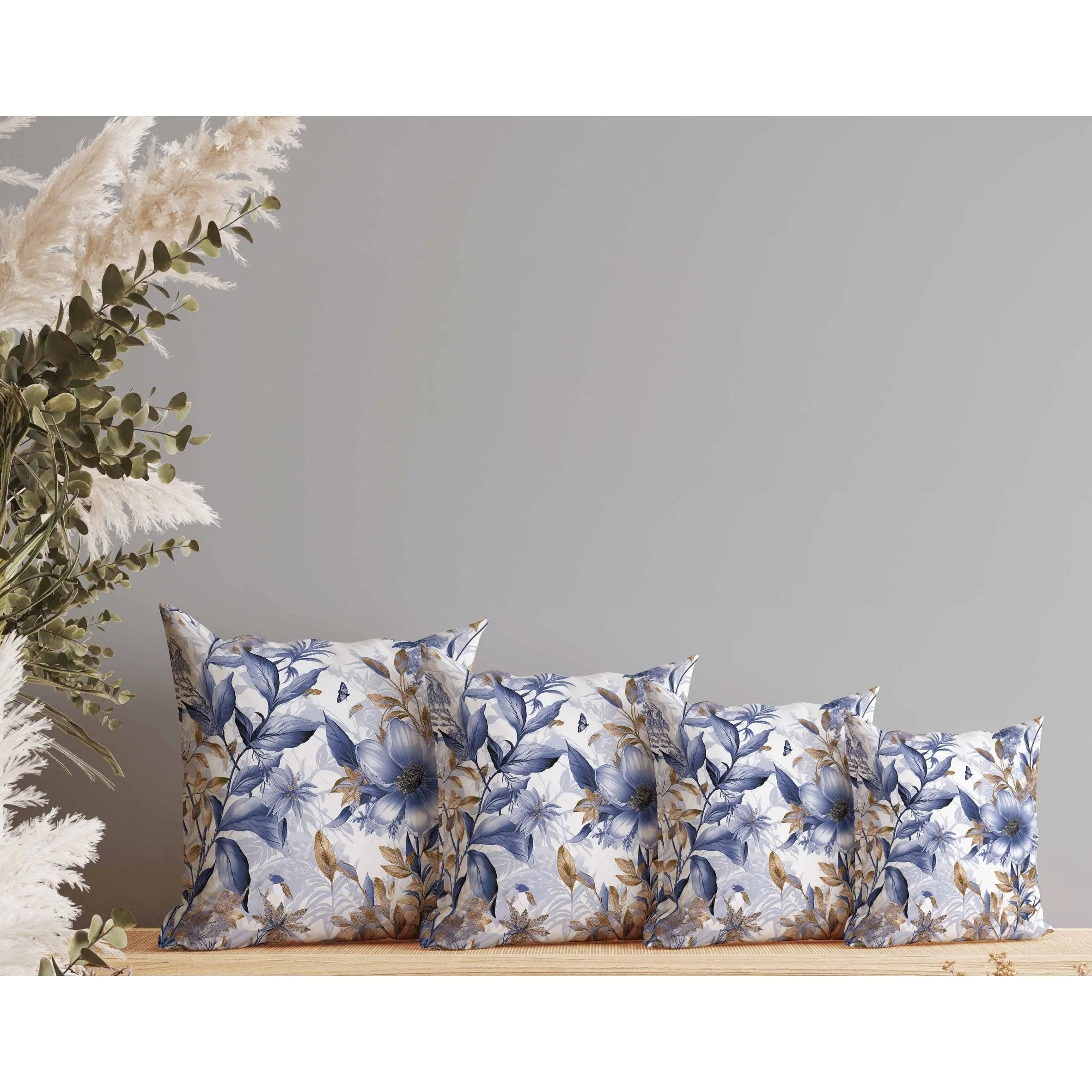 Exquisite Floral Breeze Faux Suede Reversible Throw Pillow Blue and Gold