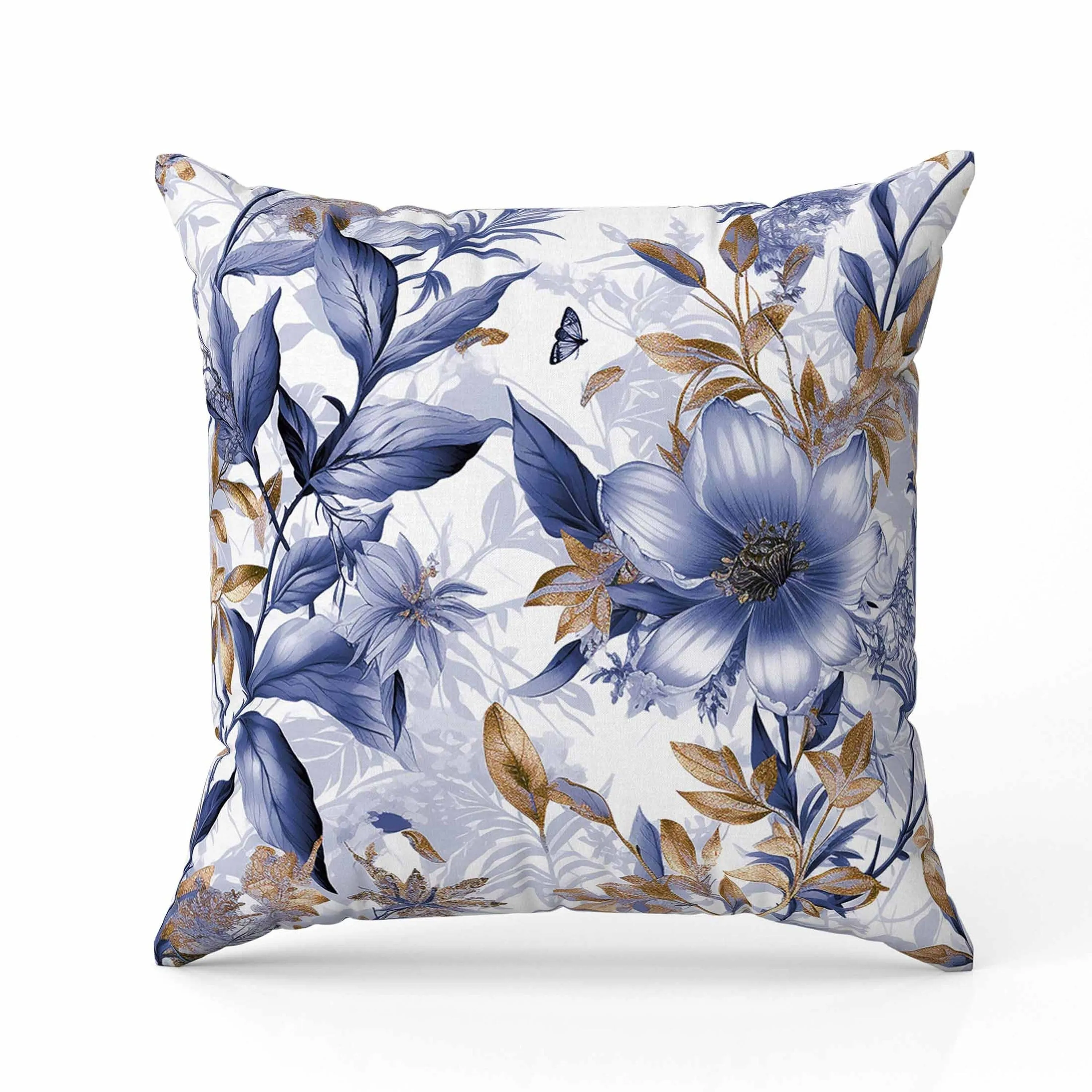 Exquisite Floral Breeze Faux Suede Reversible Throw Pillow Blue and Gold