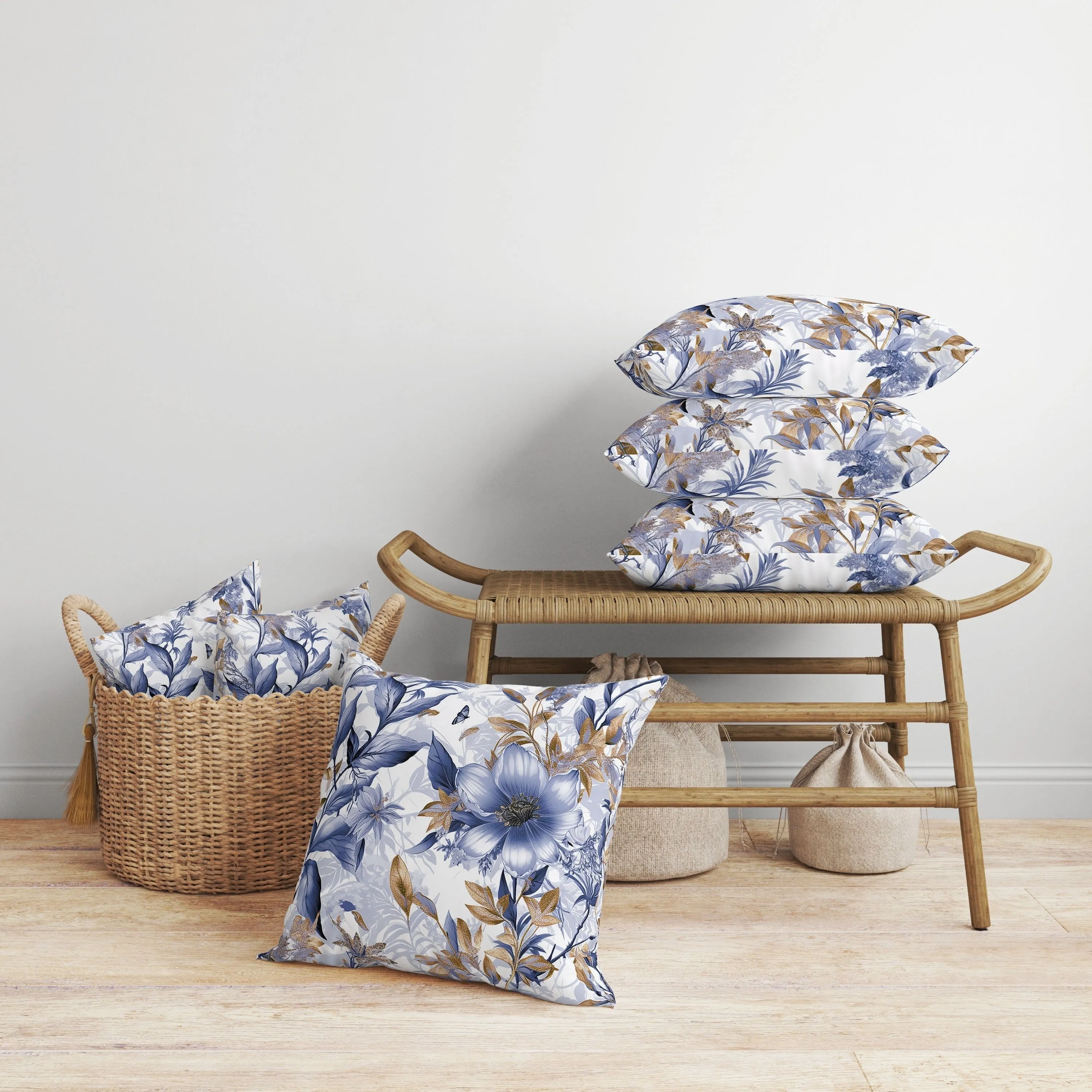 Exquisite Floral Breeze Faux Suede Reversible Throw Pillow Blue and Gold